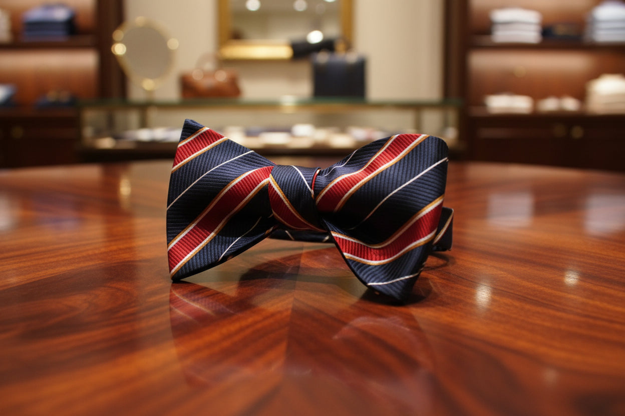 A Dark Blue, Red Stripe Pattern Self Tie Bow Tie 