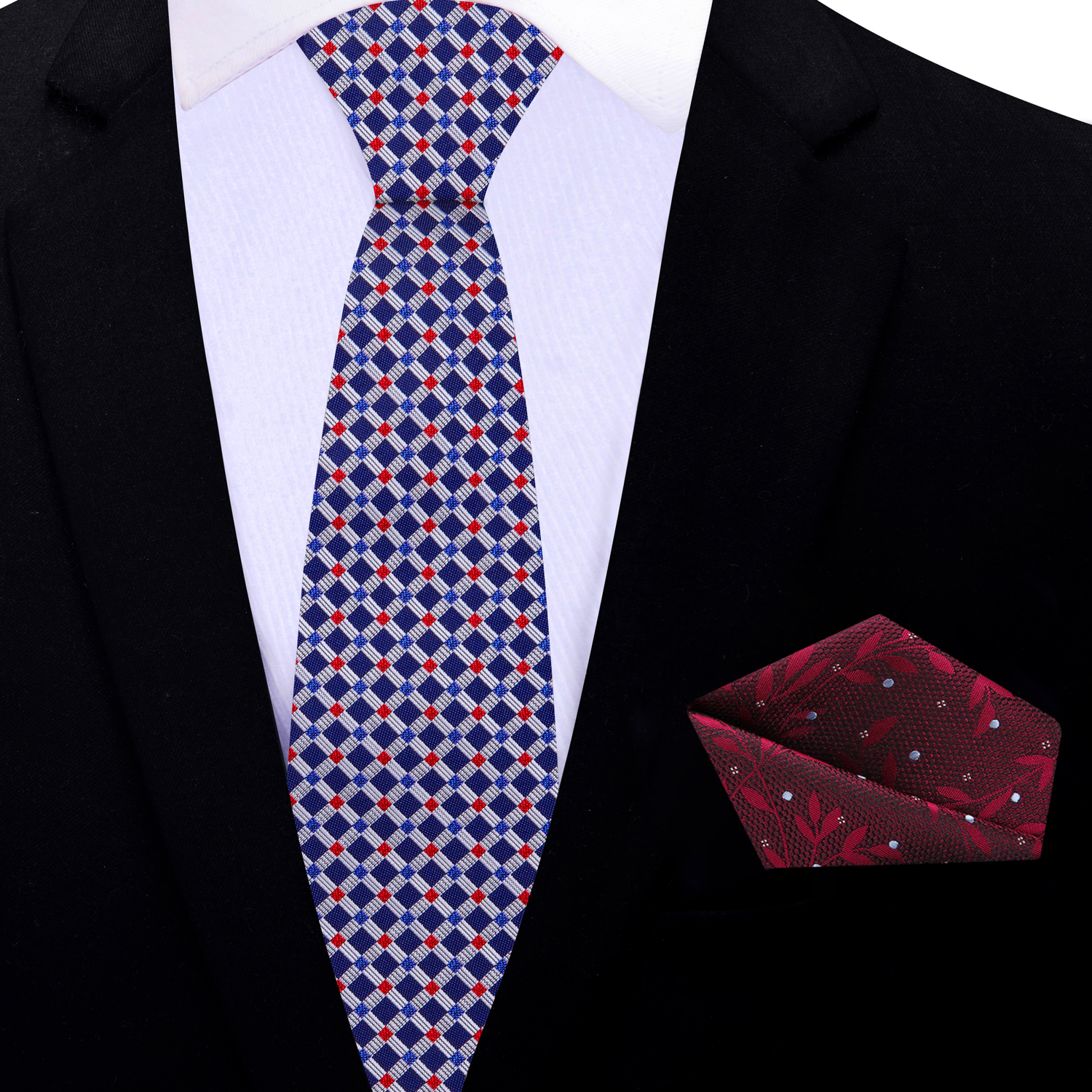 Thin Tie: Blue, Red, Grey Check Necktie and Accenting Red Floral Pocket Square