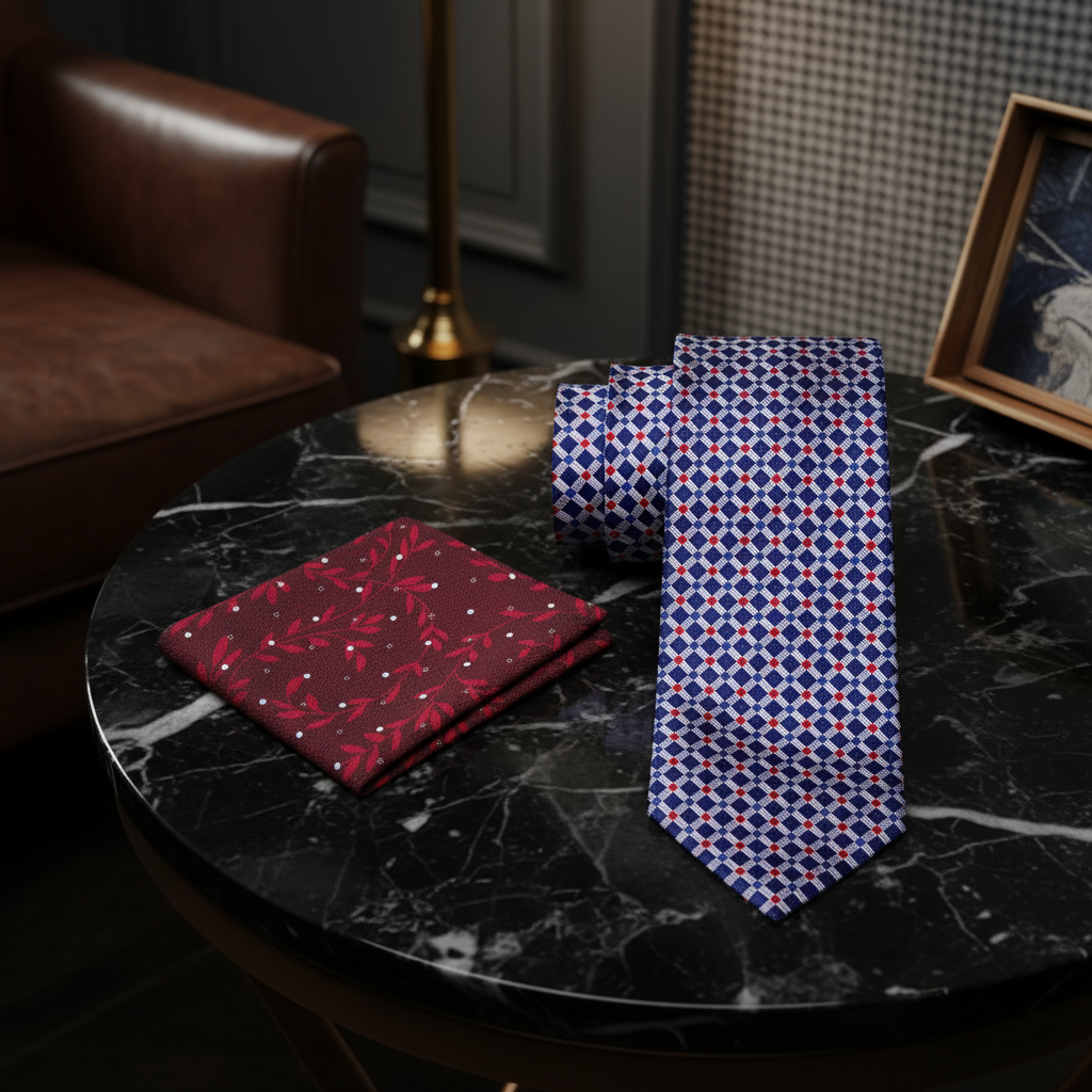 Alt View: Blue, Red, Grey Check Necktie and Accenting Red Floral Pocket Square
