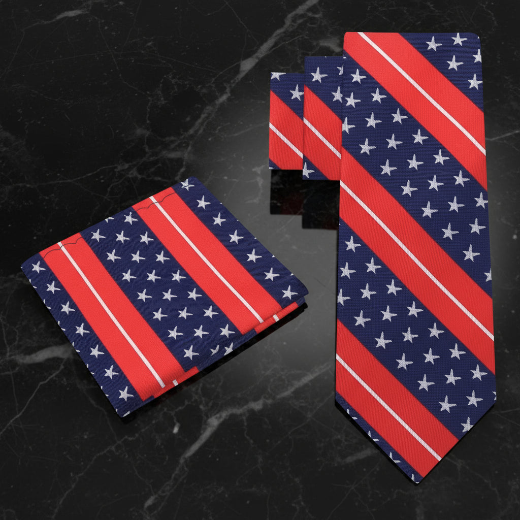 Alt View: Blue, Red, Grey New Stars and Stripes Tie and Pocket Square
