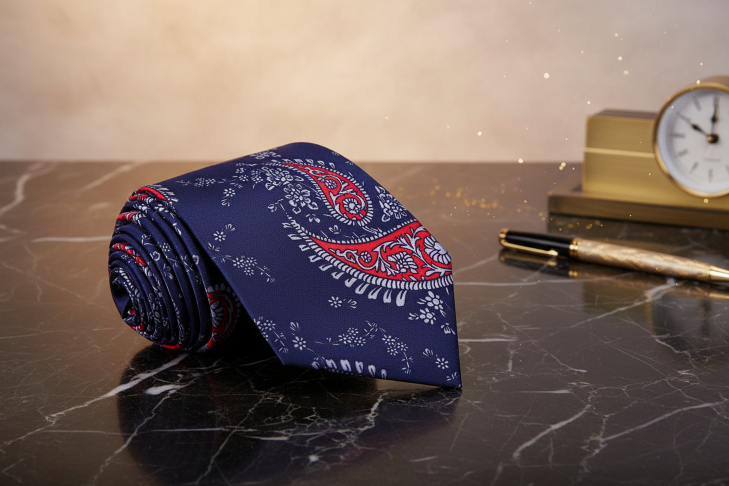 A Red, Blue Color Paisley Pattern Silk Necktie