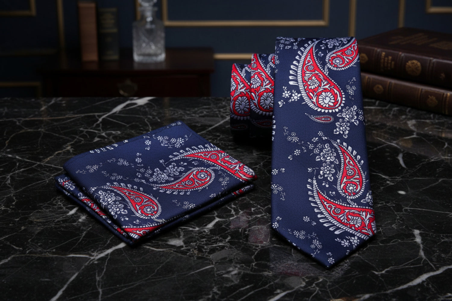 Alt View: A Red, Blue Color Paisley Pattern Necktie, Pocket Square