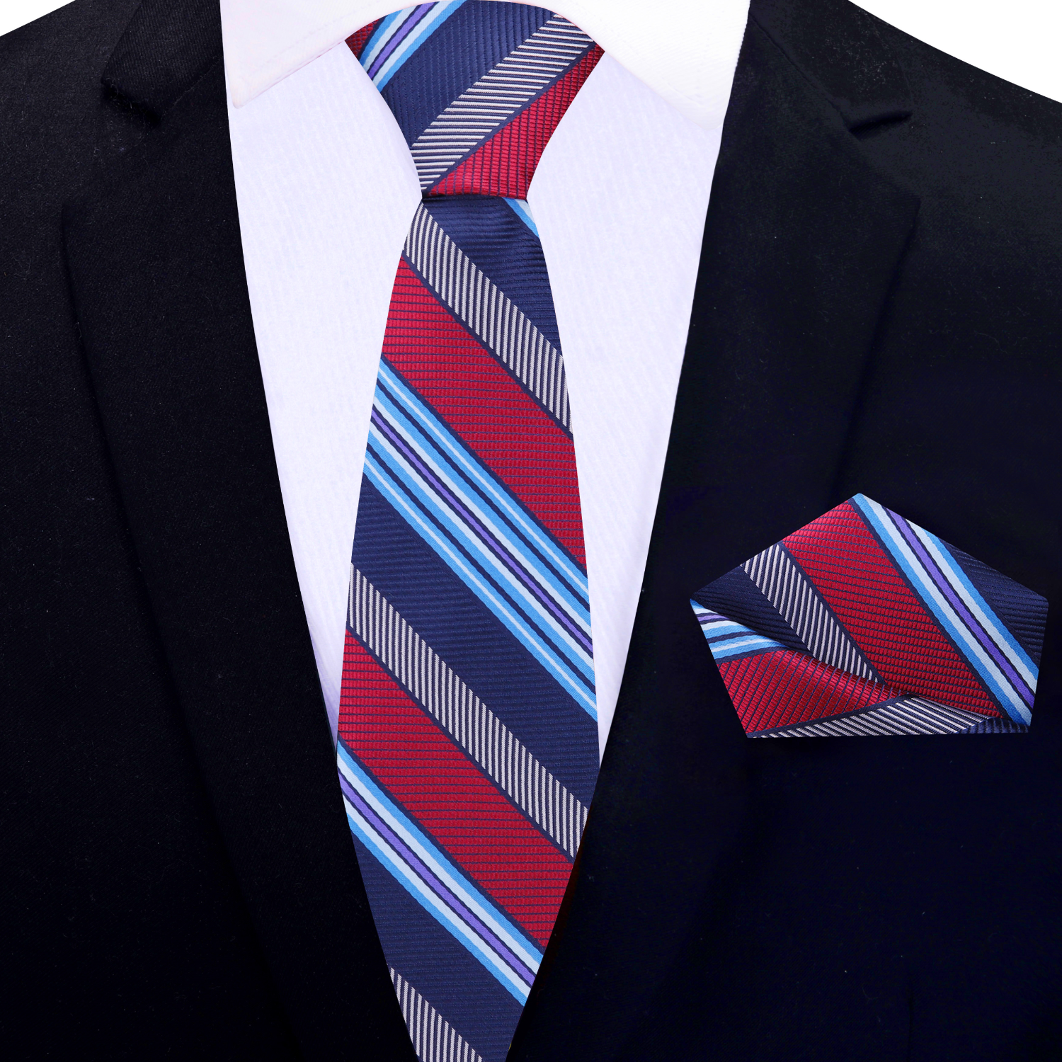 Thin Tie: Blue, Light Blue, Red Stripe Tie and Pocket Square