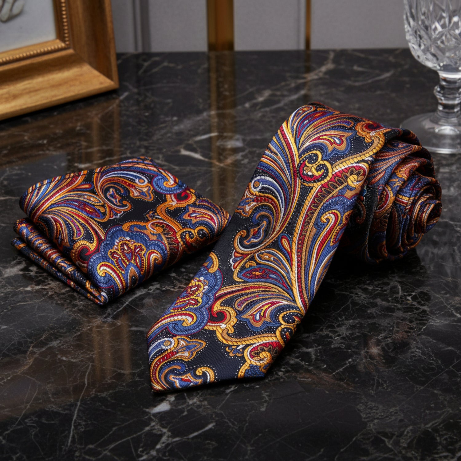 View 2: Blue, Red, Orange Paisley Tie and Square