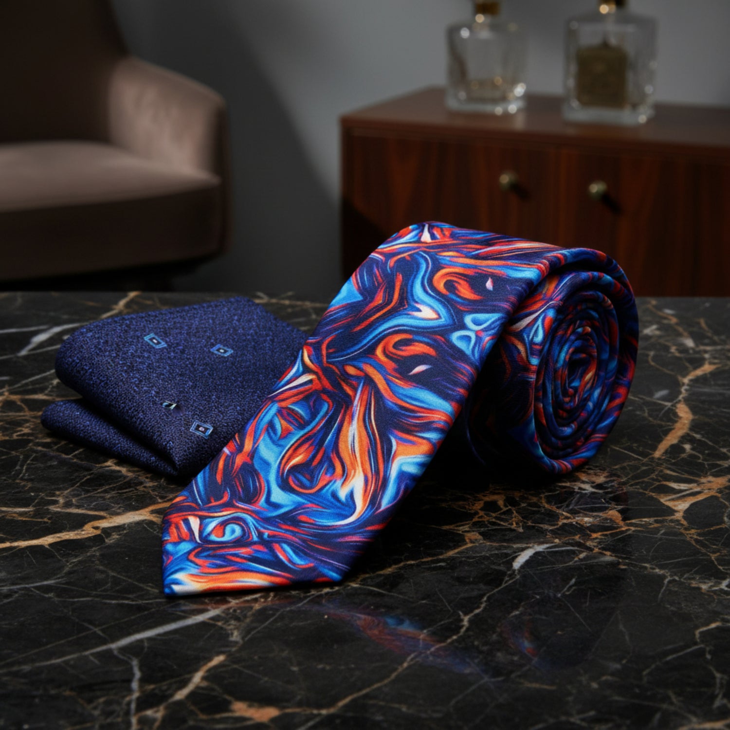 Alt View: Blue, Orange Abstract Thin Tie and Abstract Blue, Light Blue Geometric Square