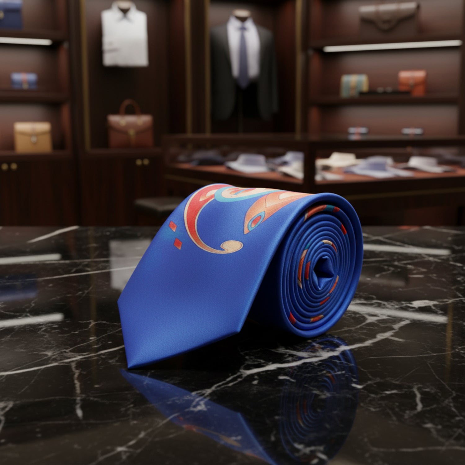 Blue, Red, Orange Paisley Tie Single View