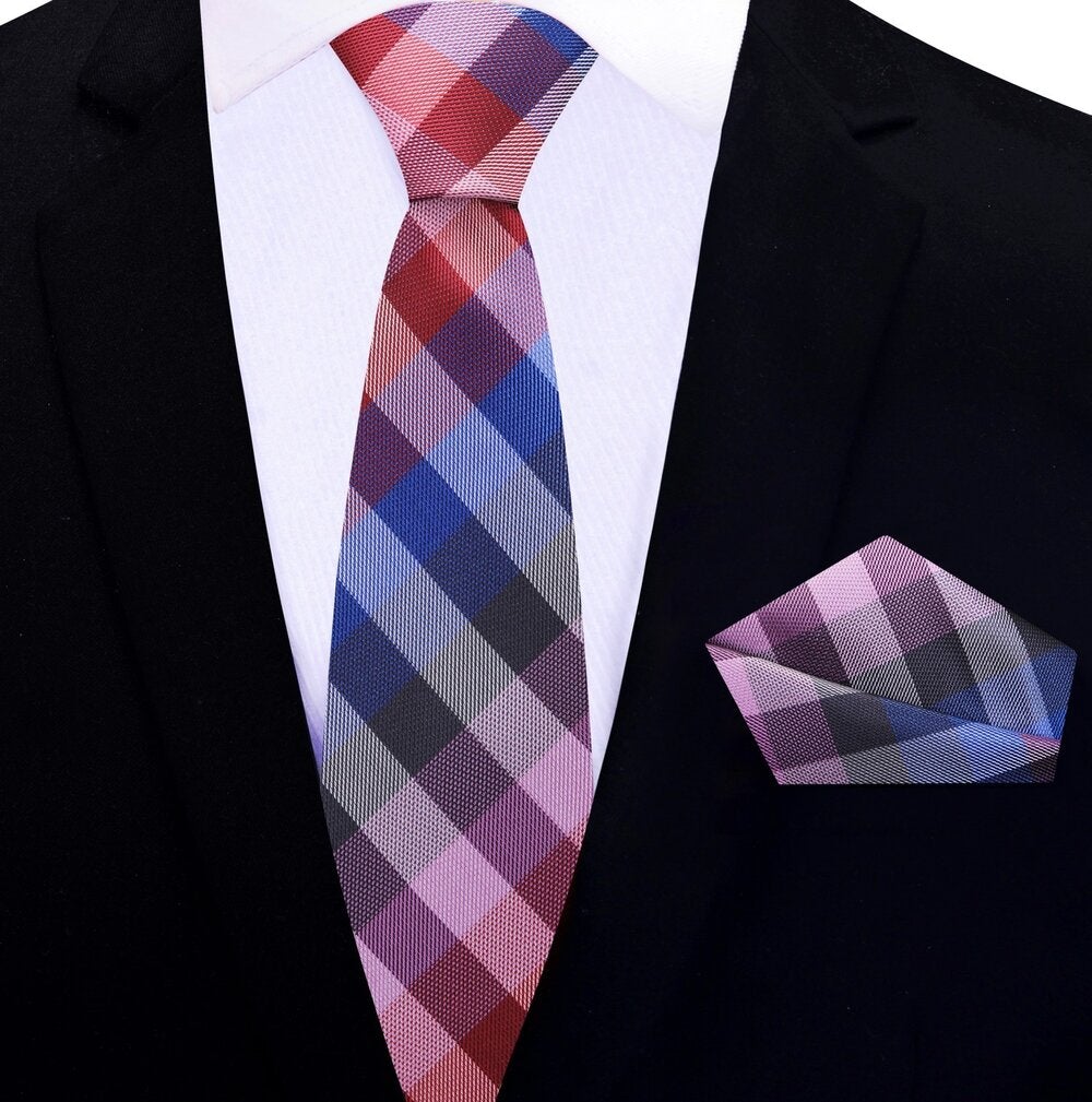 Blue Red Pink Purple Check Thin Tie and Square