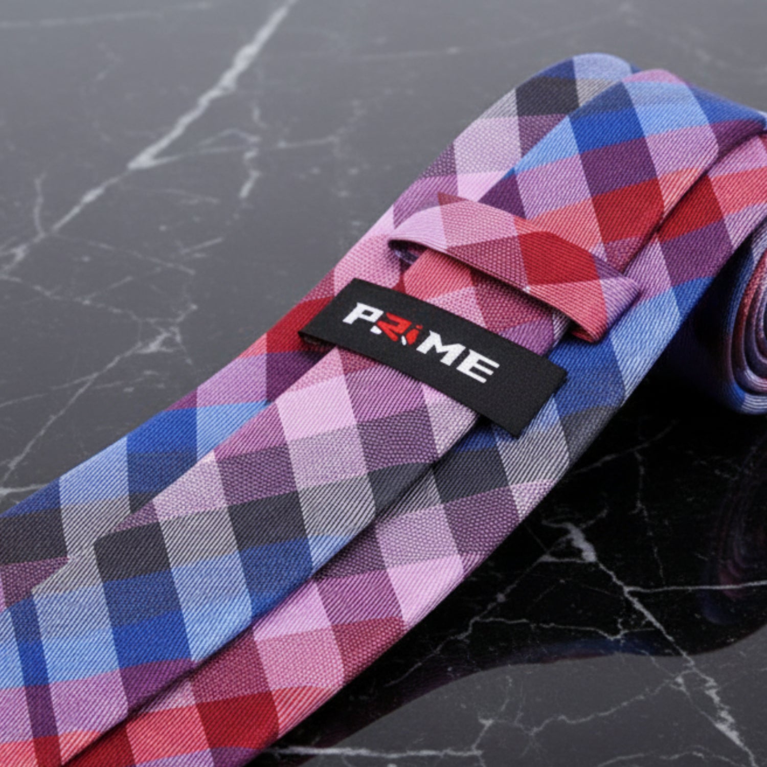 Blue, Red, Pink, purple Check Tie PRIME Logo