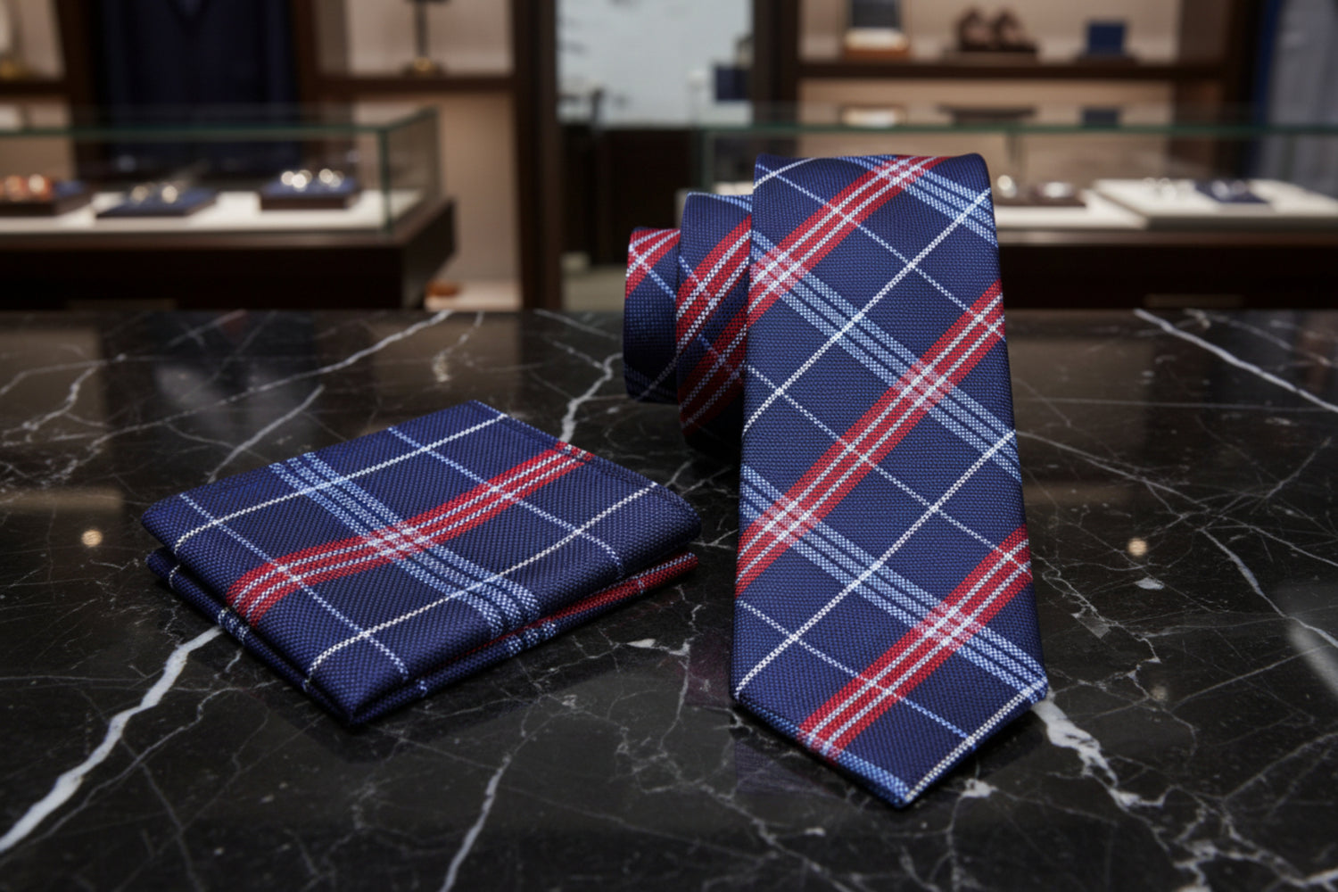 Alt View: A Dark Blue, Red Plaid Pattern Necktie, Matching Pocket Square