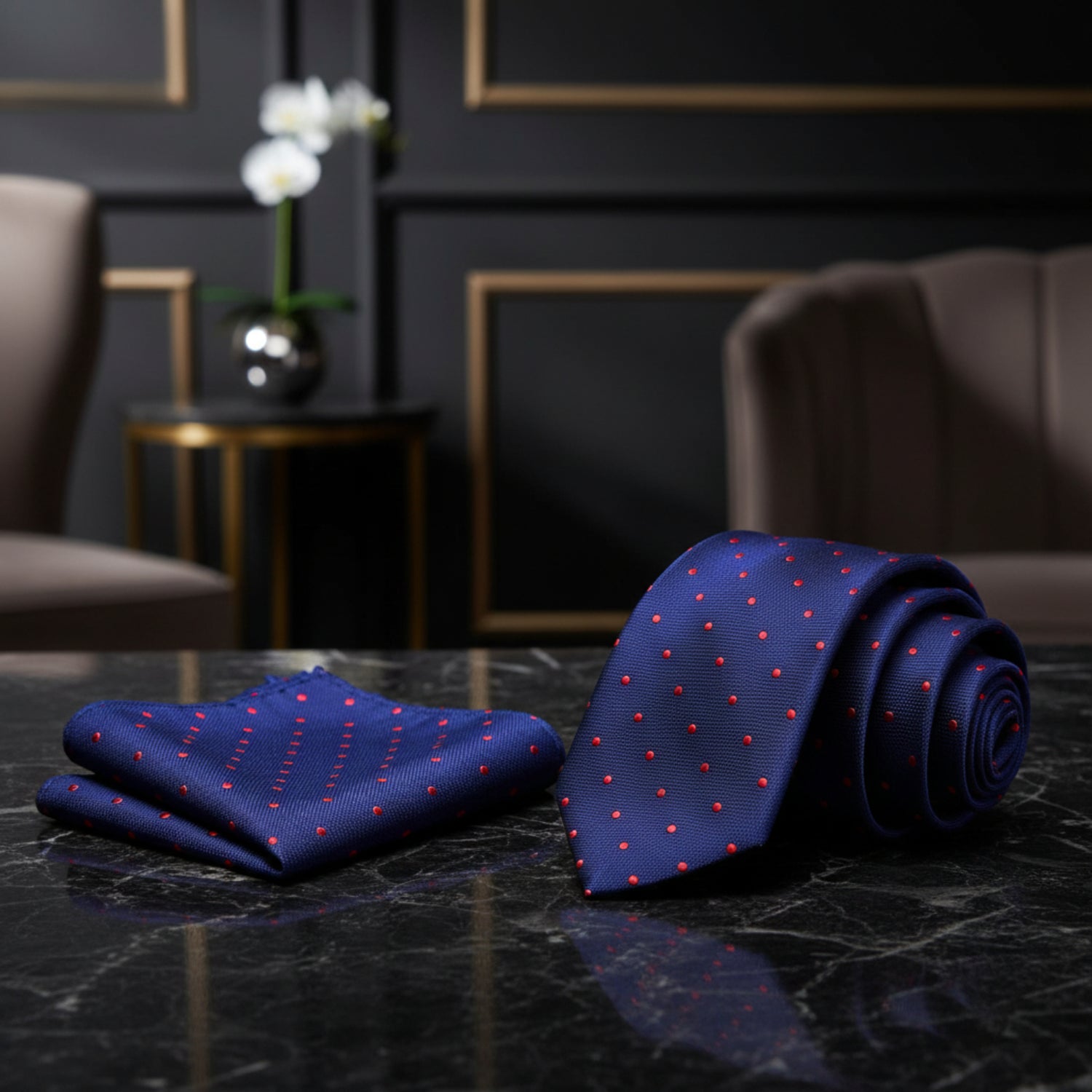 Alt View: A Blue, Red Small Polka Dots Pattern Necktie, Matching Pocket Square