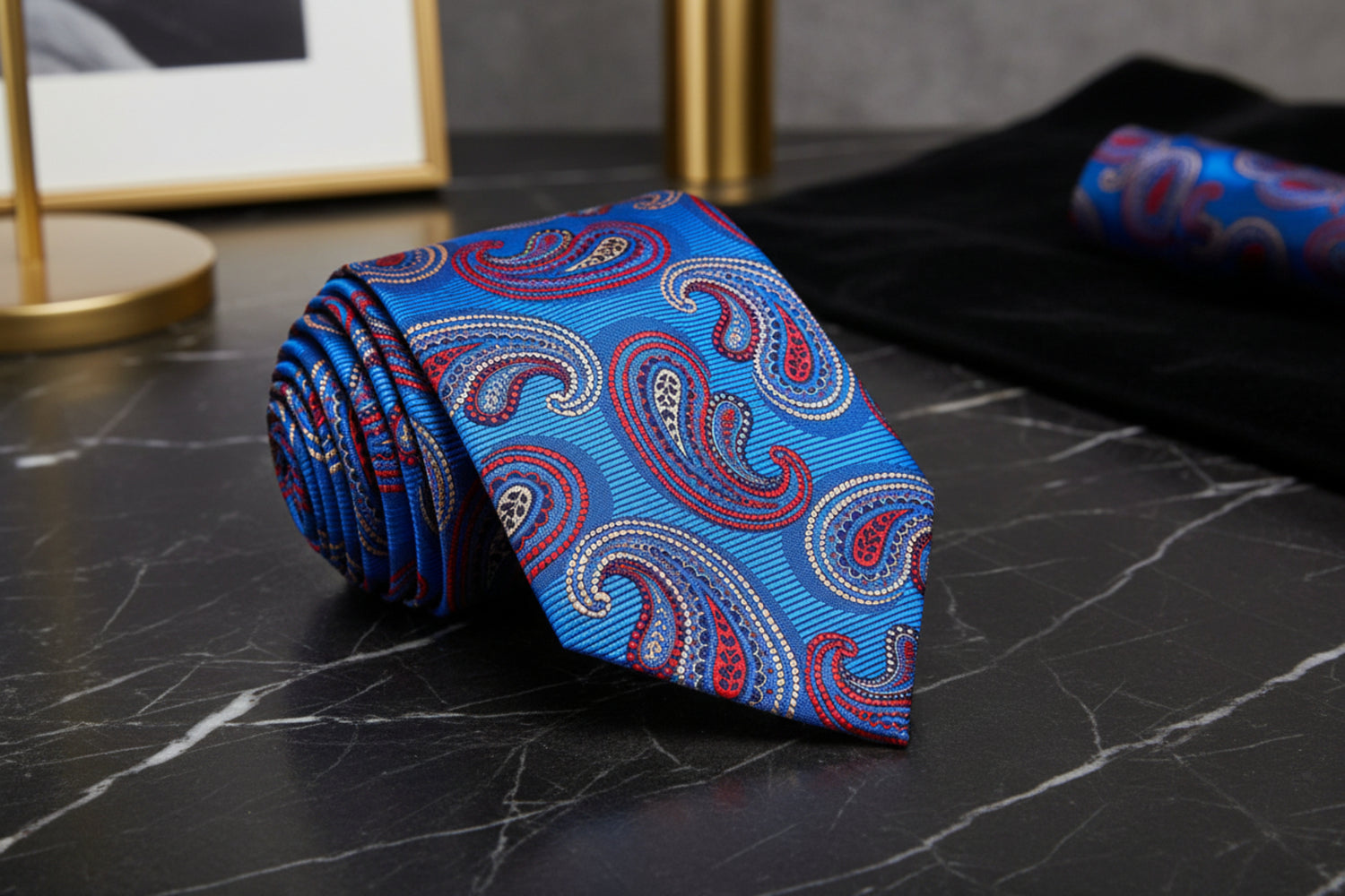 A Blue, Red Paisley Pattern Necktie 