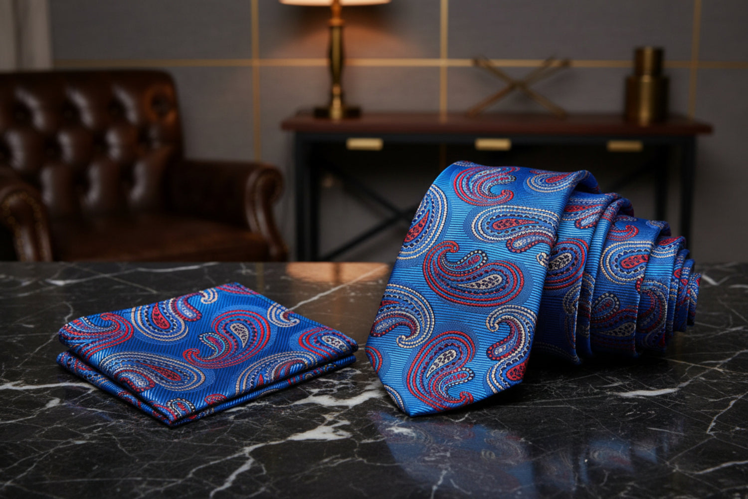 Alt View: Blue, Red Paisley Pattern Necktie, With Matching Pocket Square 