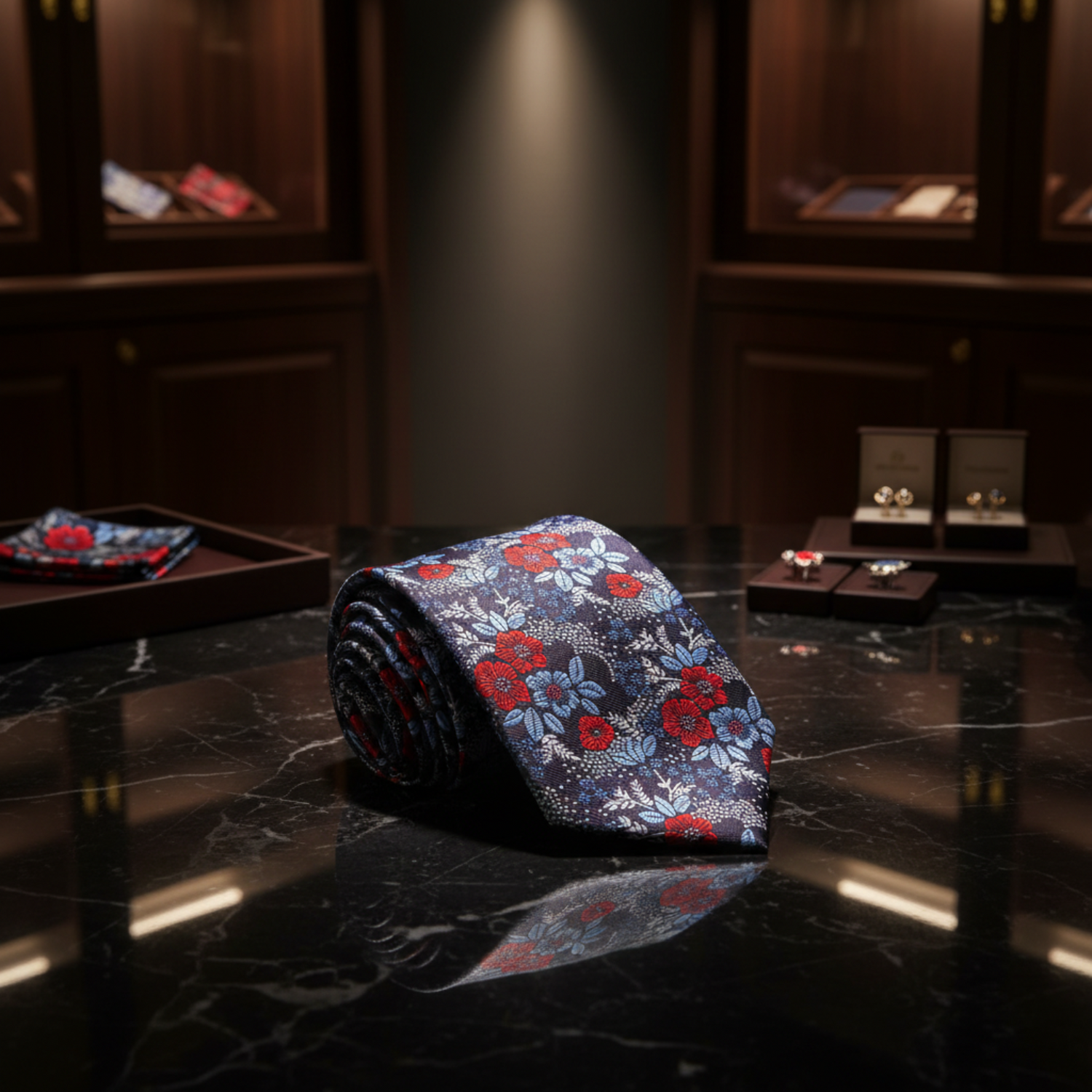 Blue, Red, Silver Floral Necktie 