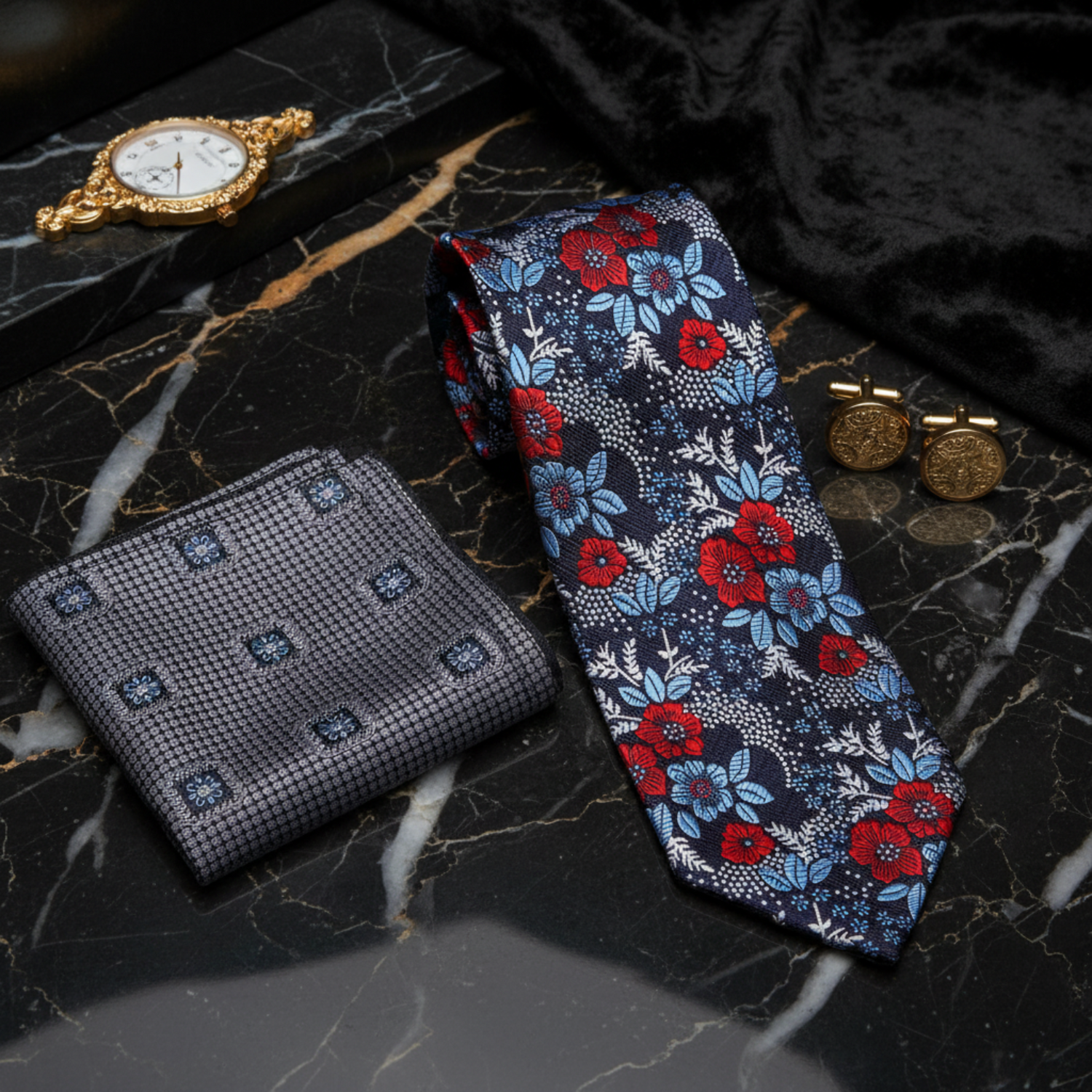 Alt View: Blue, Red, Silver Floral Necktie with Accenting Grey, Blue Geometric Square