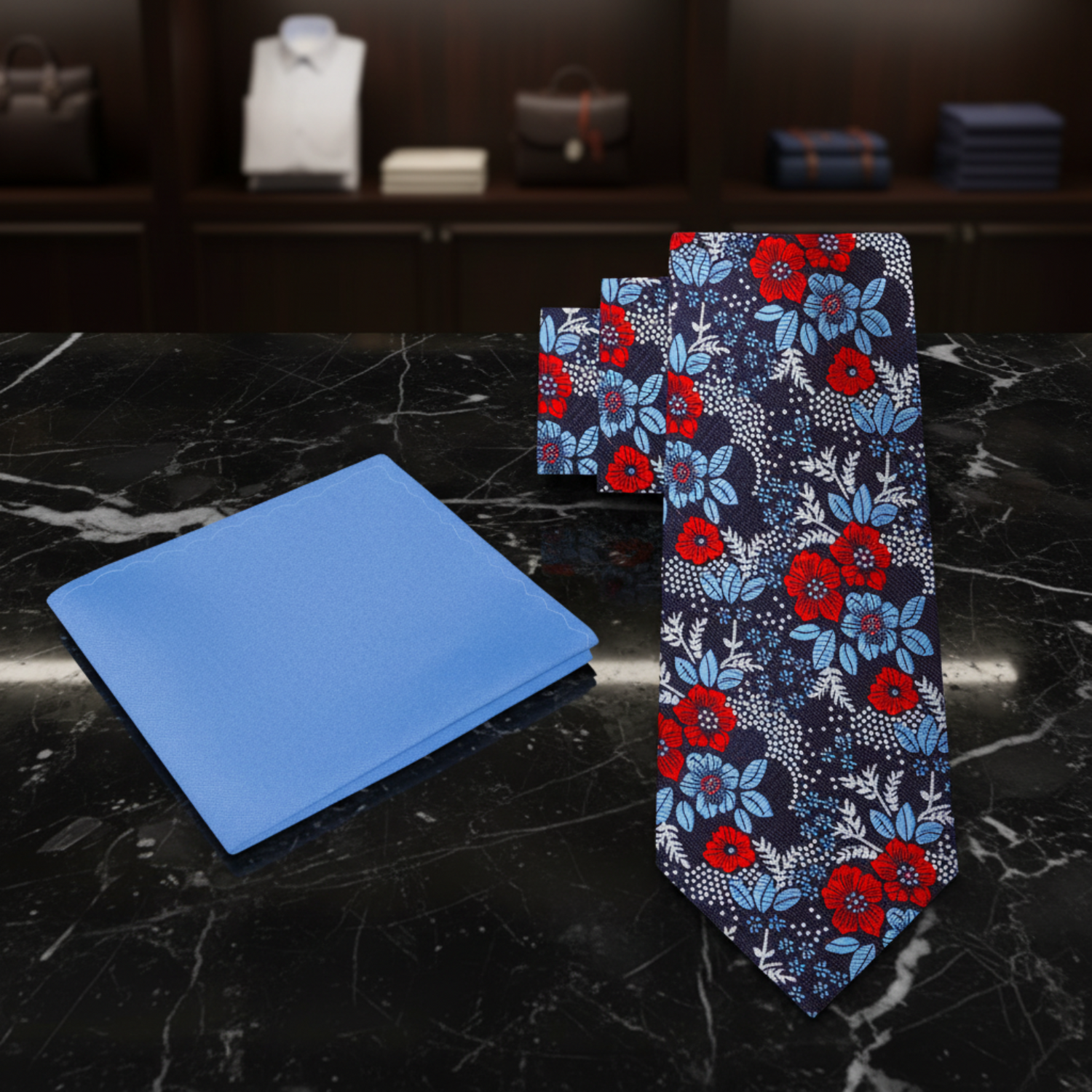 Alt View: Blue, Red, Silver Floral Necktie with Accenting Blue Square