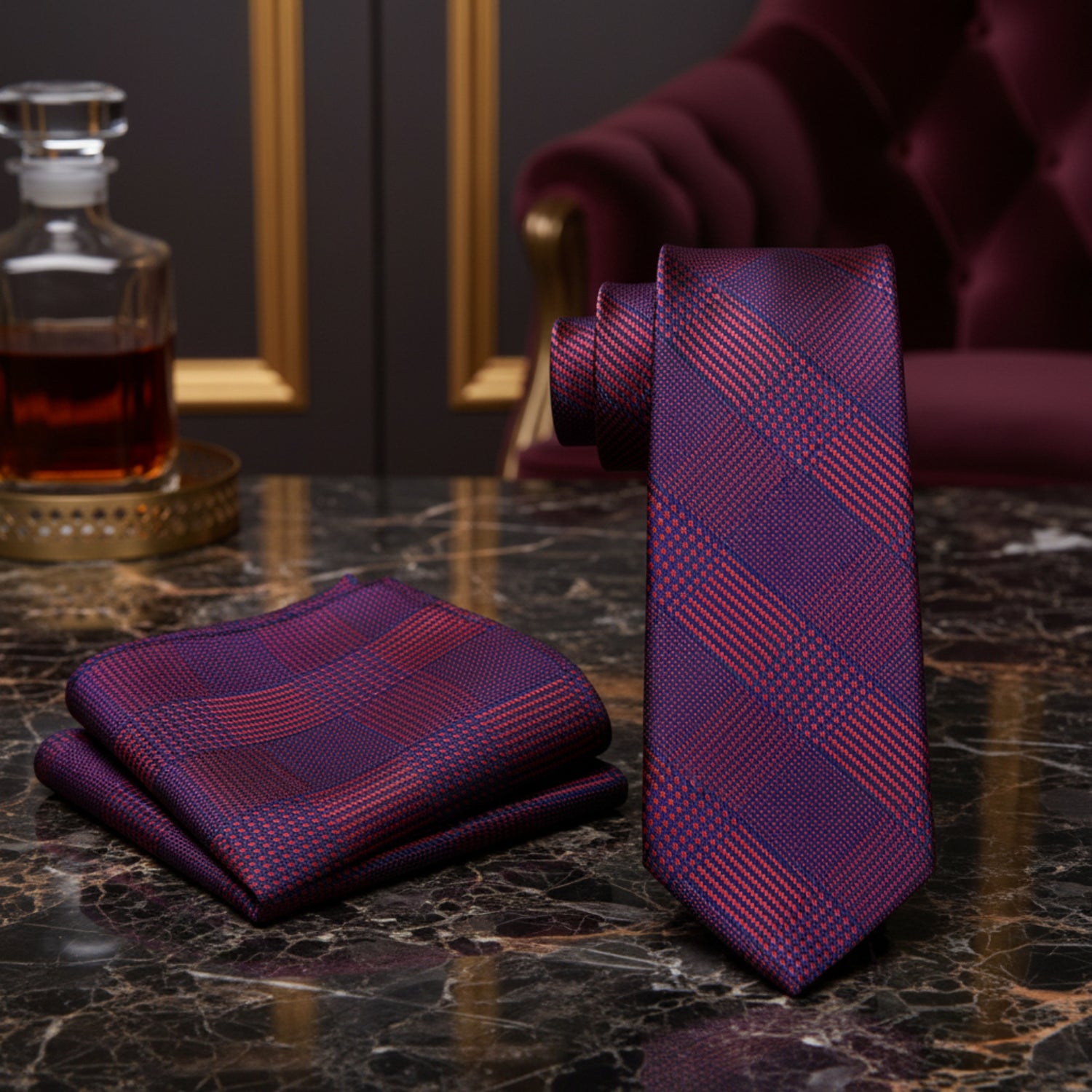 Alt View: Red, Blue Geometric Tie and Pocket Square