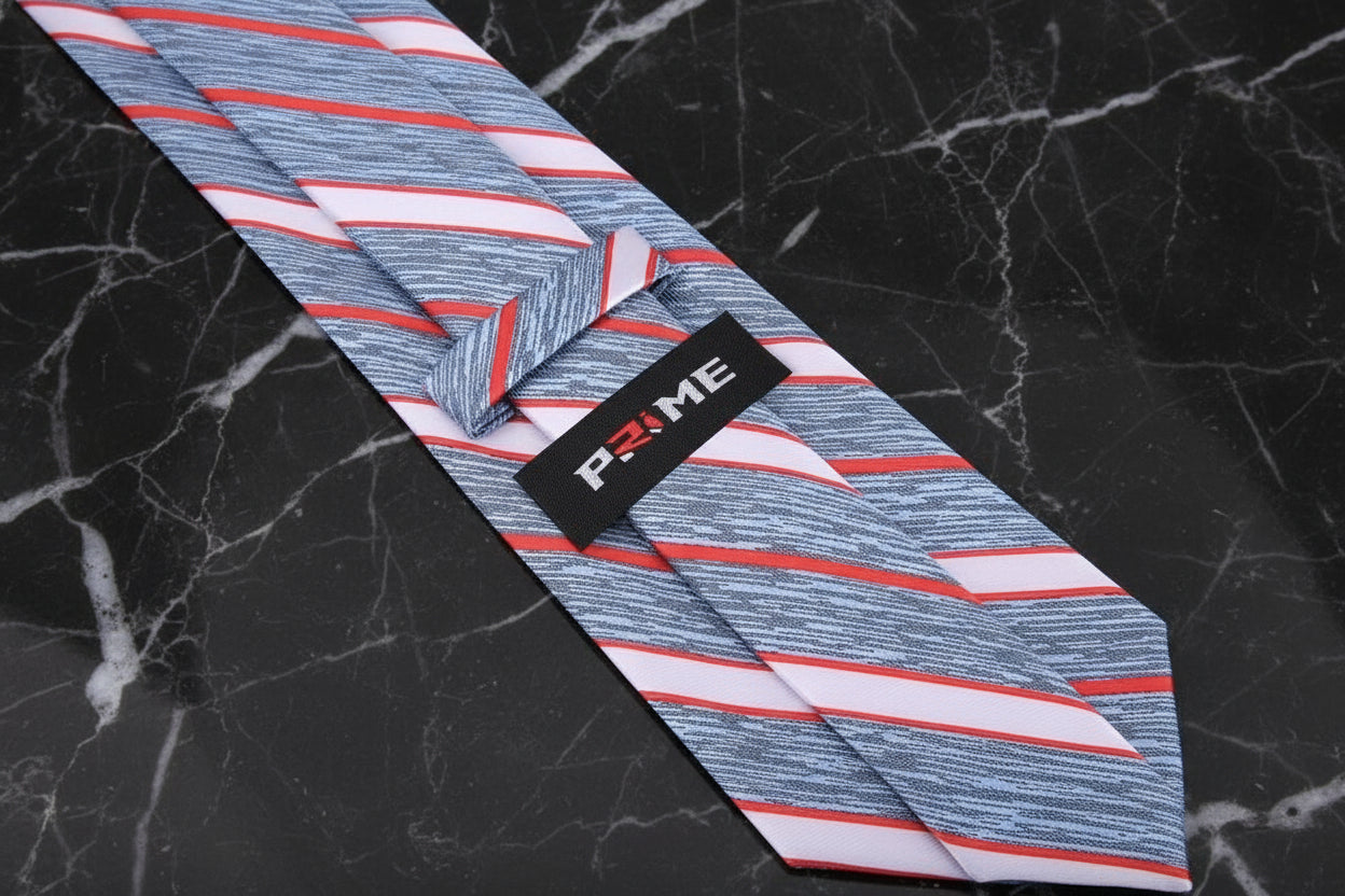 Blue, Red Stripe Tie Showing Logo