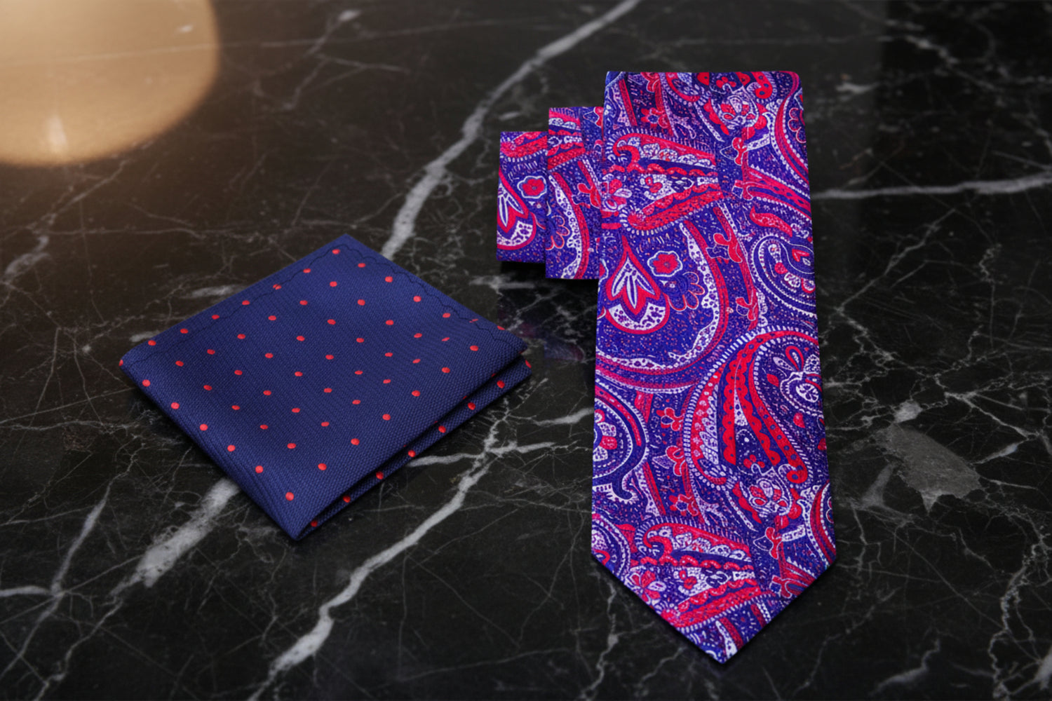 Alt View: A Red, White, Blue Intricate Design And Paisley Pattern Necktie, Blue, Red Dot Pocket Square