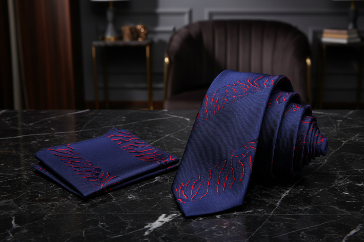 View 2: Blue Red Tiger Strength Tie and Square