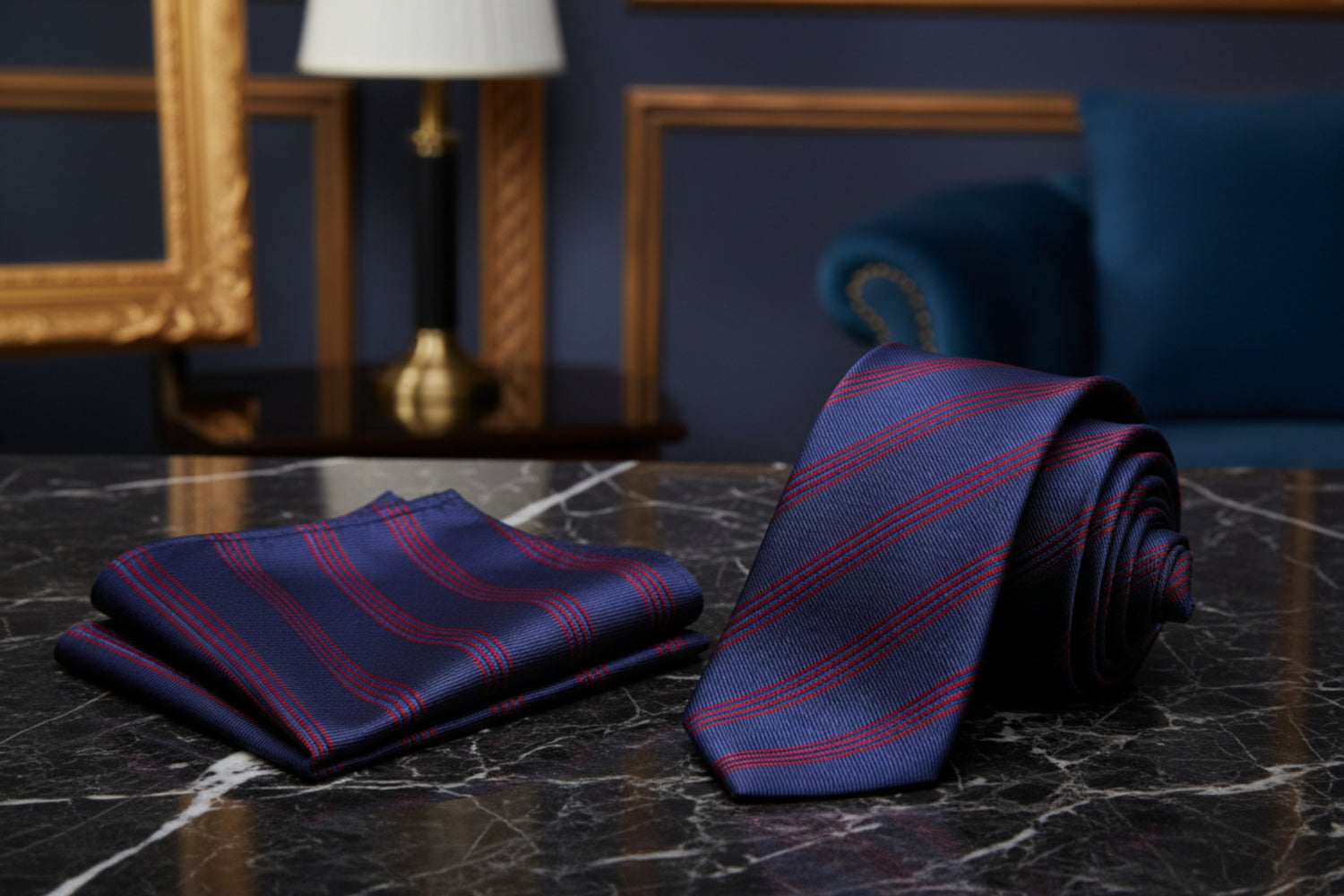 Alt View: A Blue, Red Stripe Pattern Necktie, Matching Pocket Square