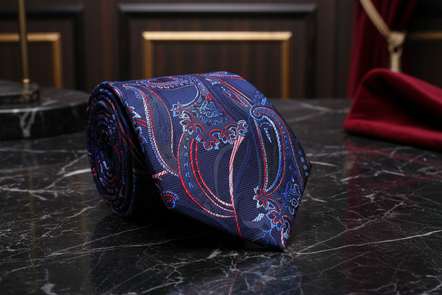 A Blue, Red Paisley Pattern Necktie 