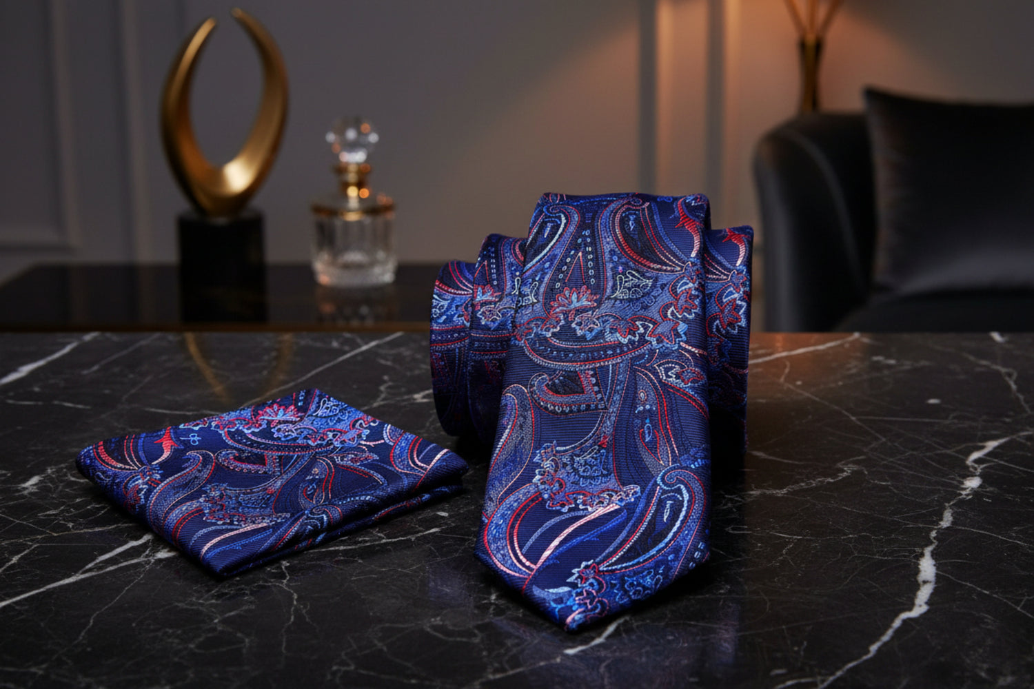 Alt View: A Blue, Red Paisley Pattern Necktie, Matching Pocket Square 