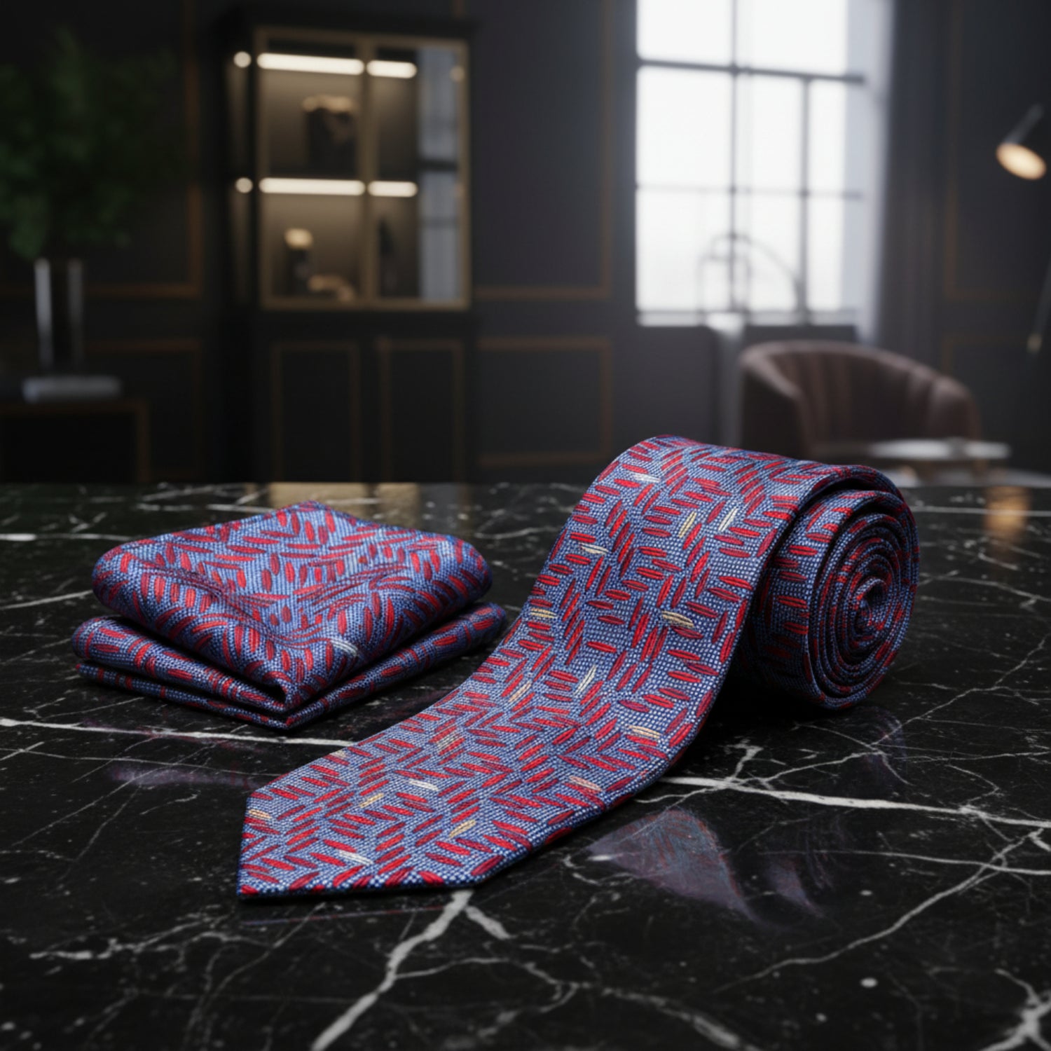 Alt View: Red, Blue, Light Gold Geometric Tie and Pocket Square