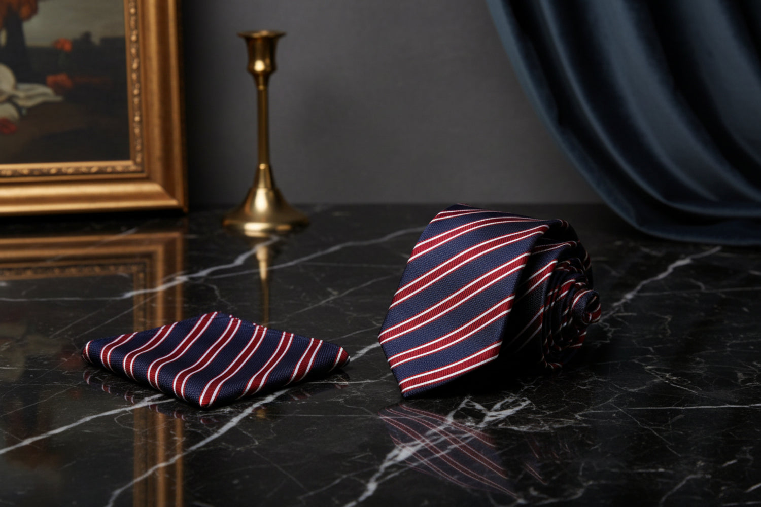 Alt View: A Dark Blue, Red Stripe Pattern Necktie, Pocket Square