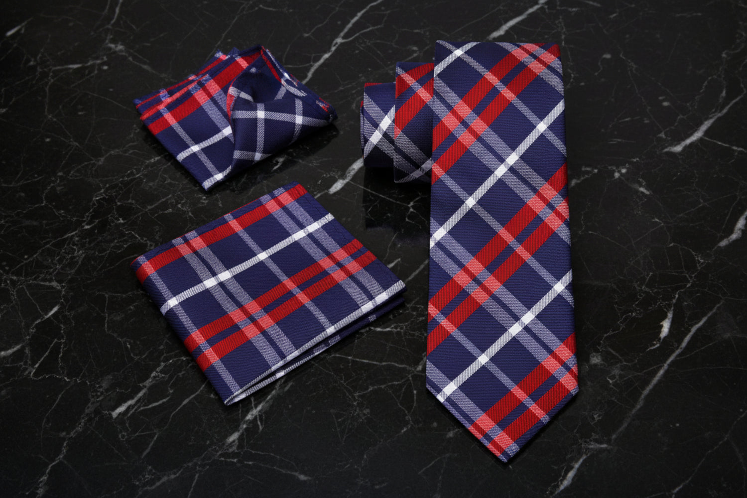 Alt view: Blue, Red and White Giza Plaid Tie and Square
