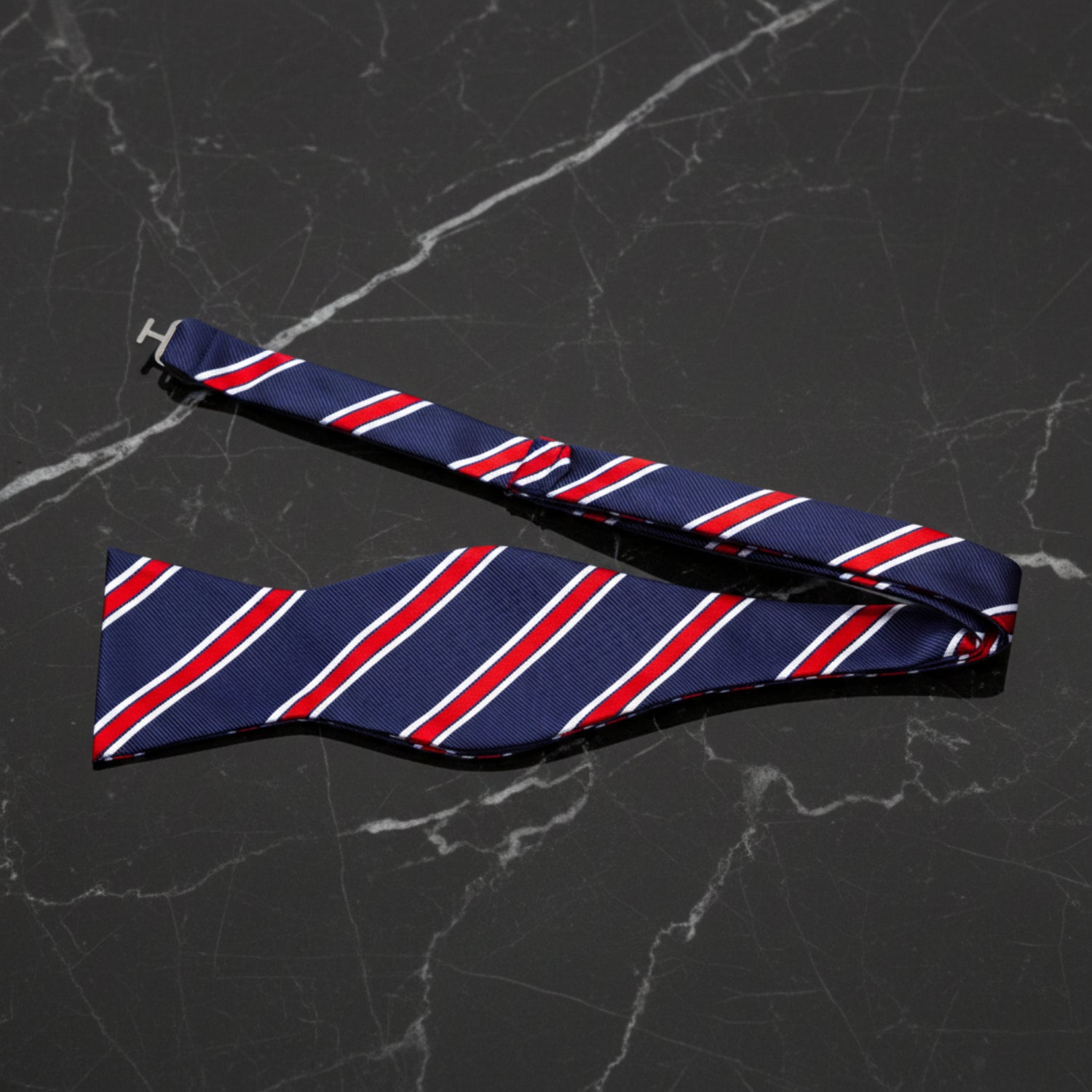 Untied View: Blue, Red, White Stripe Bow Tie