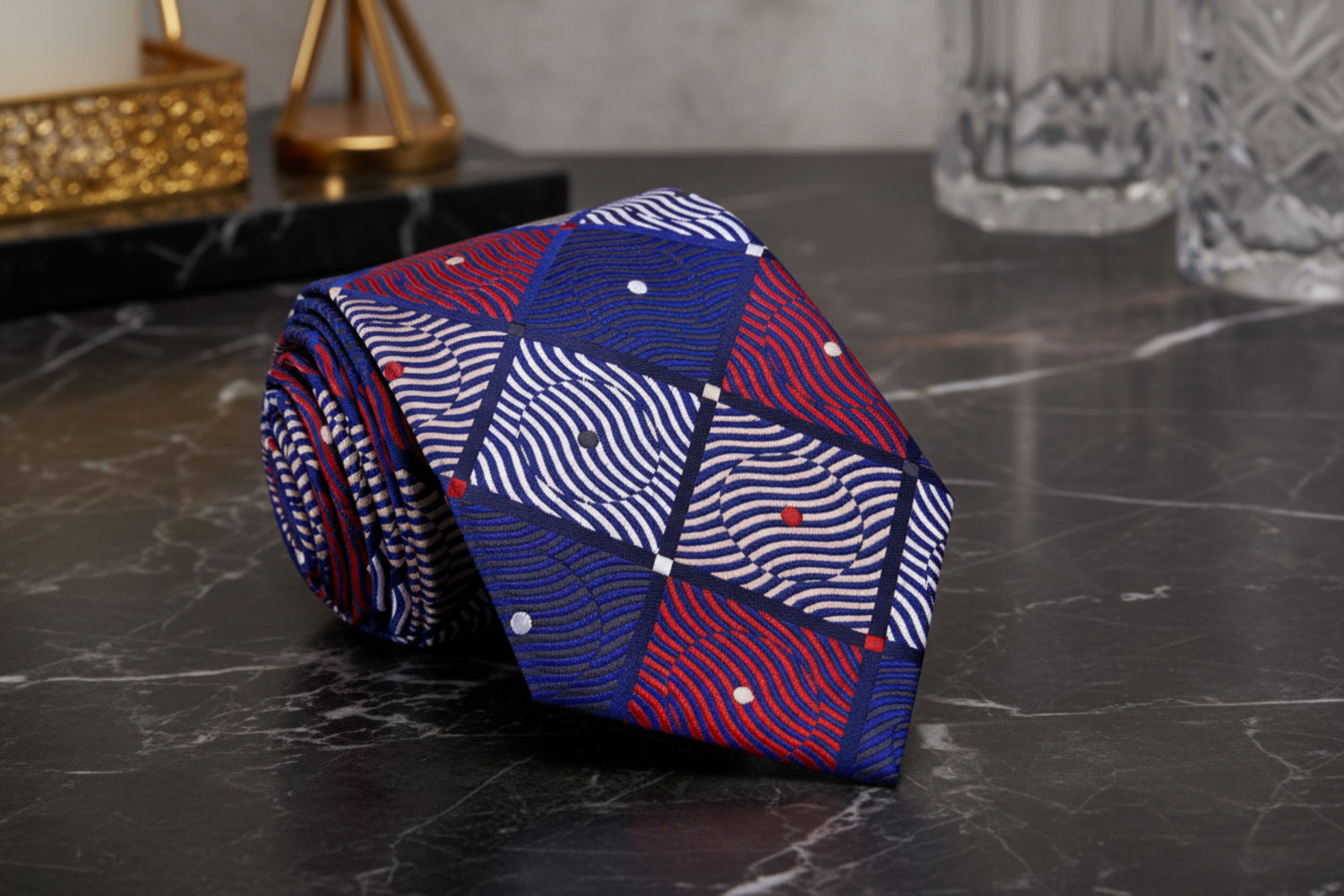 A Red, Brown, Blue, Black Geometric With Small Dots Pattern Necktie 