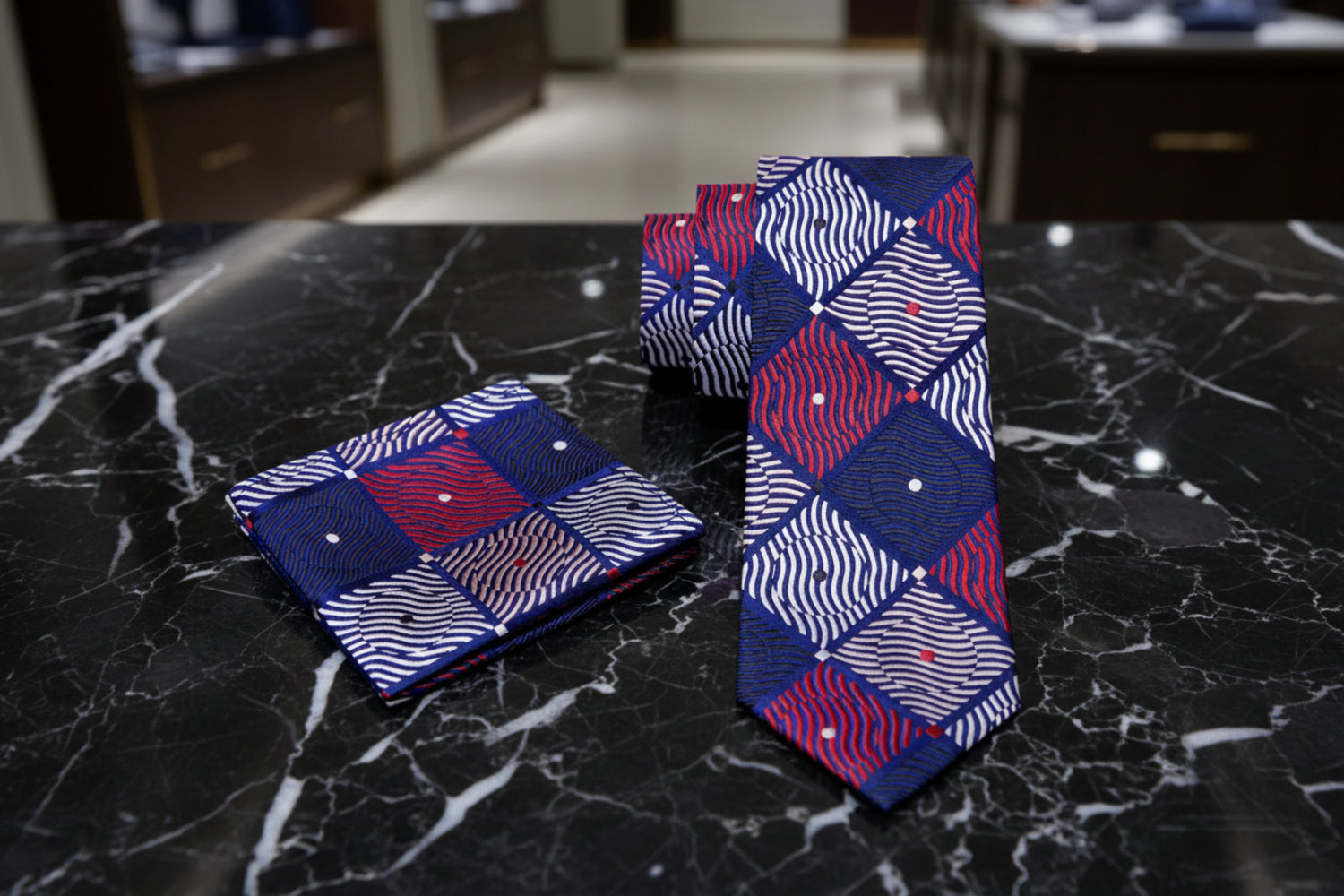 Alt View: A Red, Brown, Blue, Black Geometric With Small Dots Pattern Necktie, Matching Pocket Square