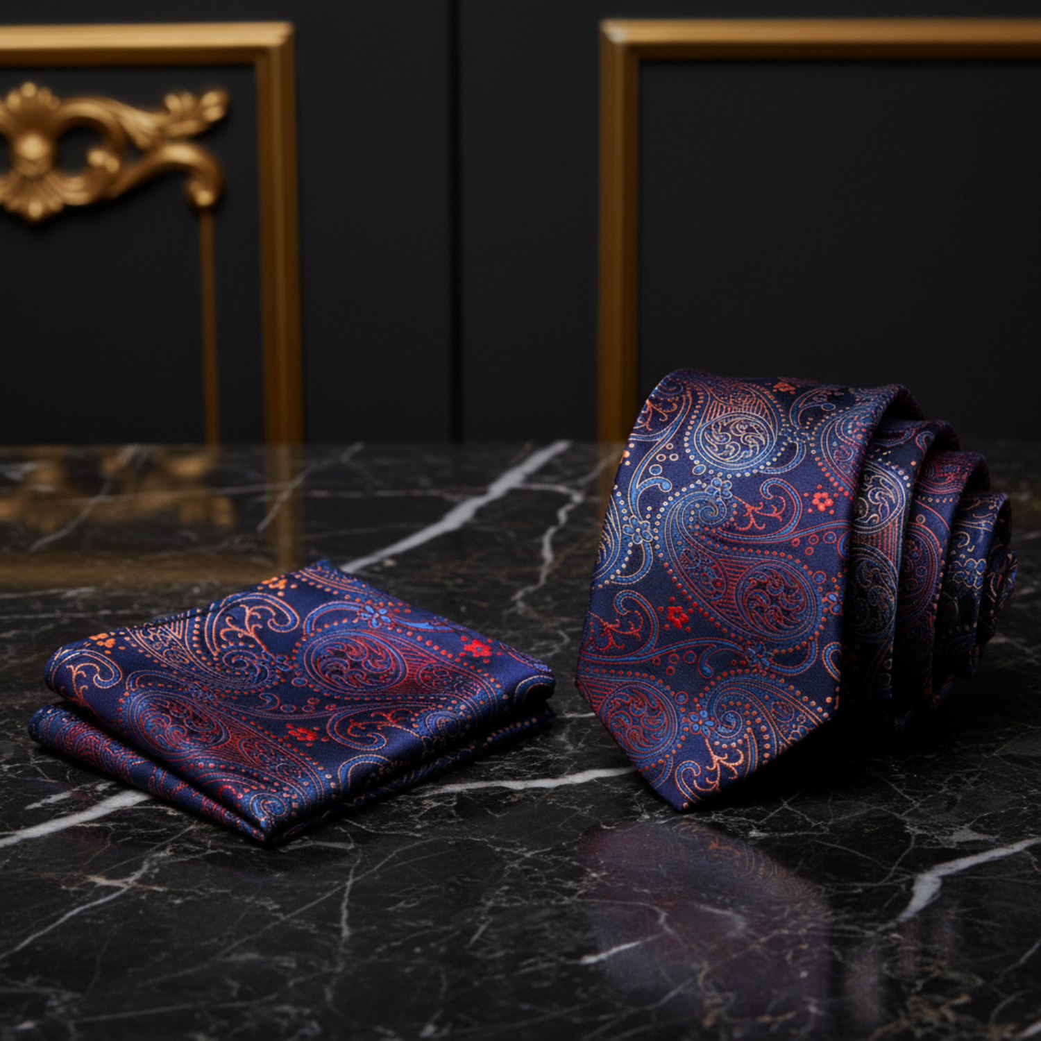 Alt View: Blue Red and Orange Paisley Tie and Pocket Square