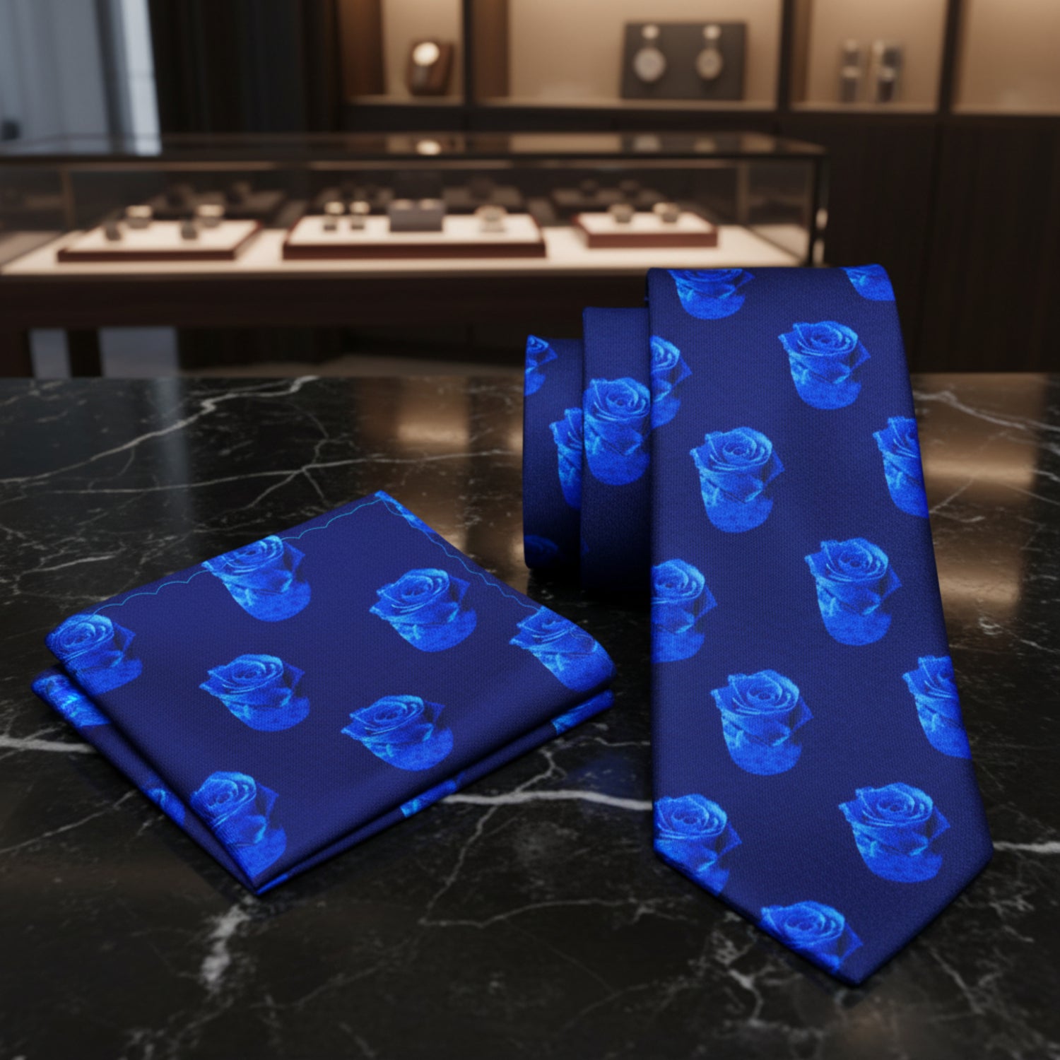 View 2: Shades of Blue Roses Tie and Pocket Square