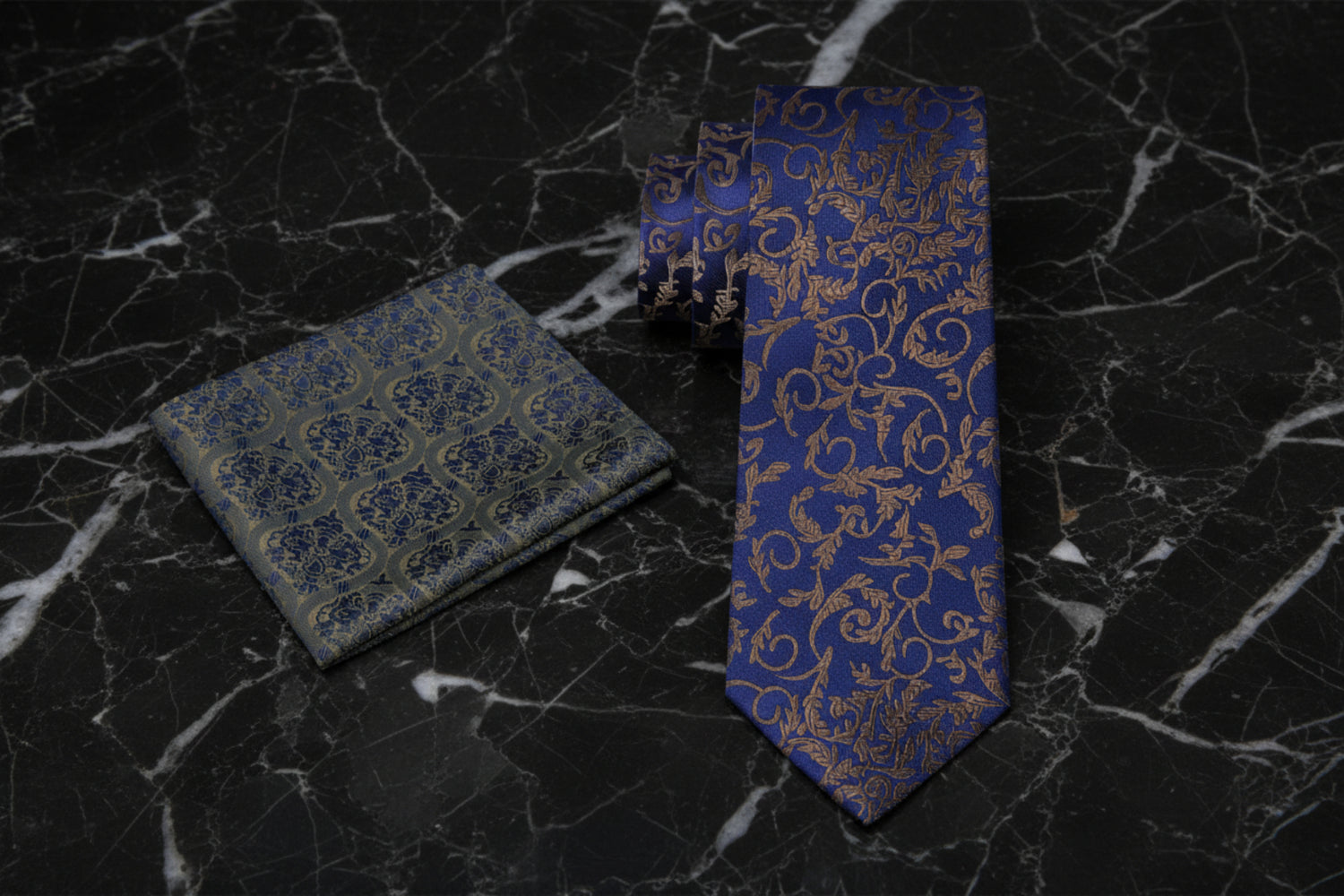 View 2: Blue, Sage Floral Tie and Pocket Square