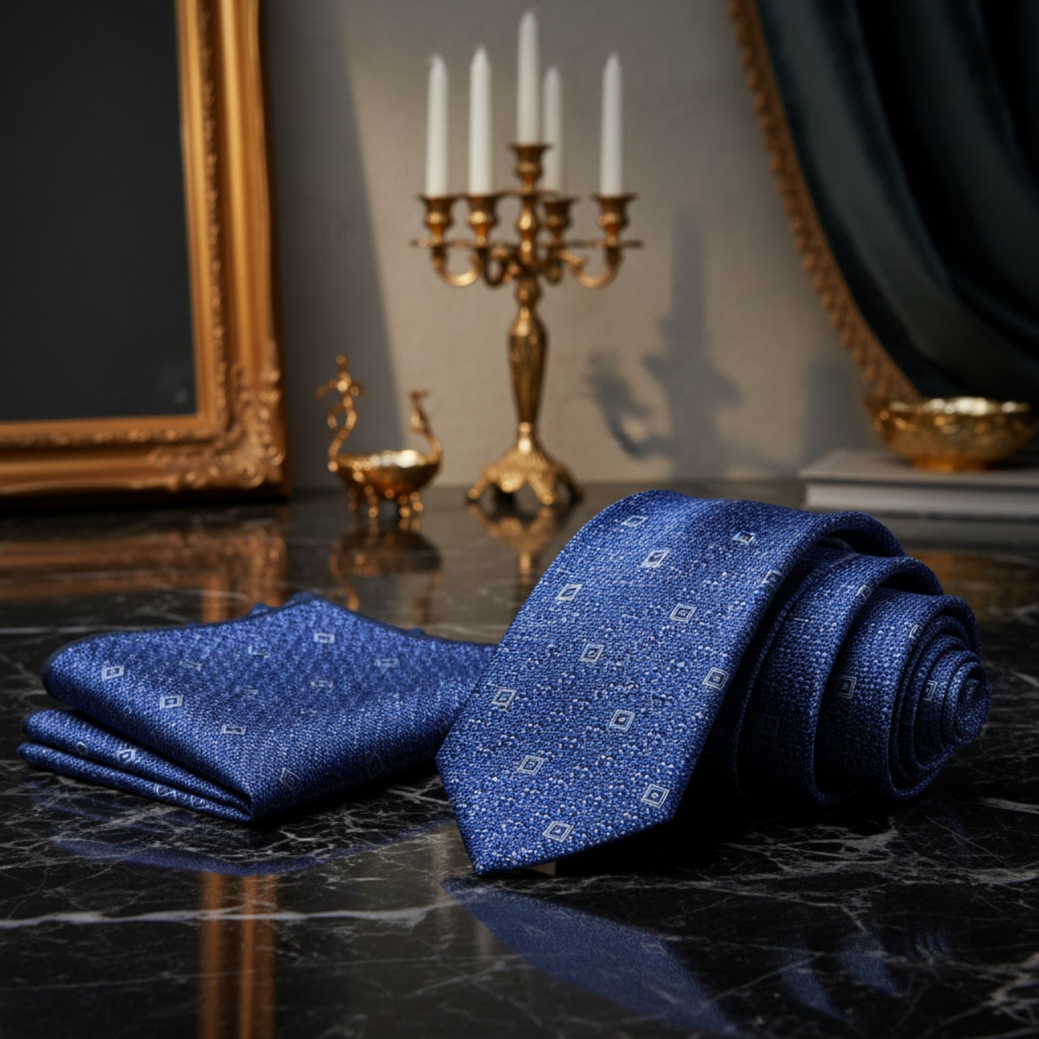Alt View: Blue, Light Blue Small Medallion Geometric Tie and Pocket Square