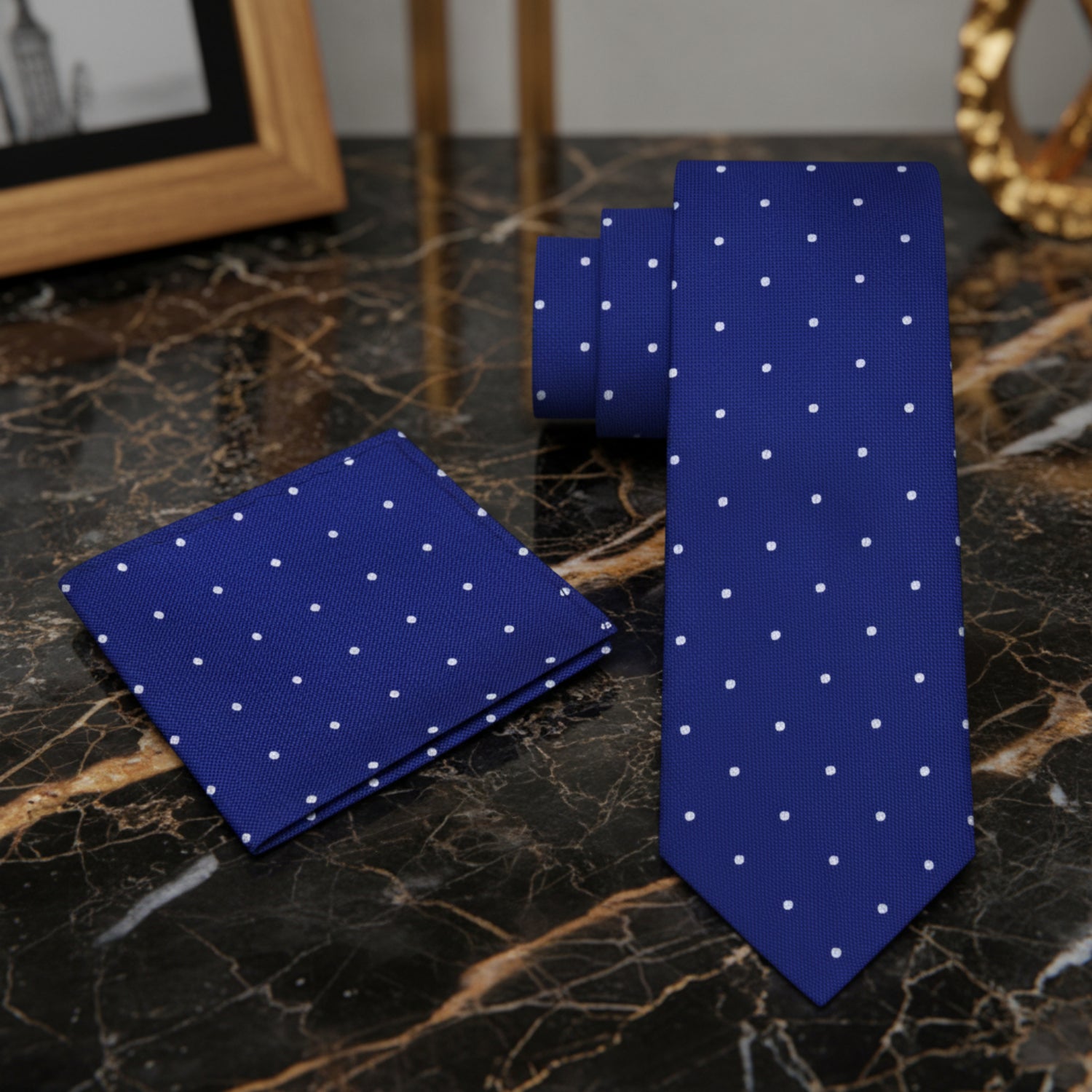 Alt View: Blue, White Small Polka Dot Tie and Pocket Square