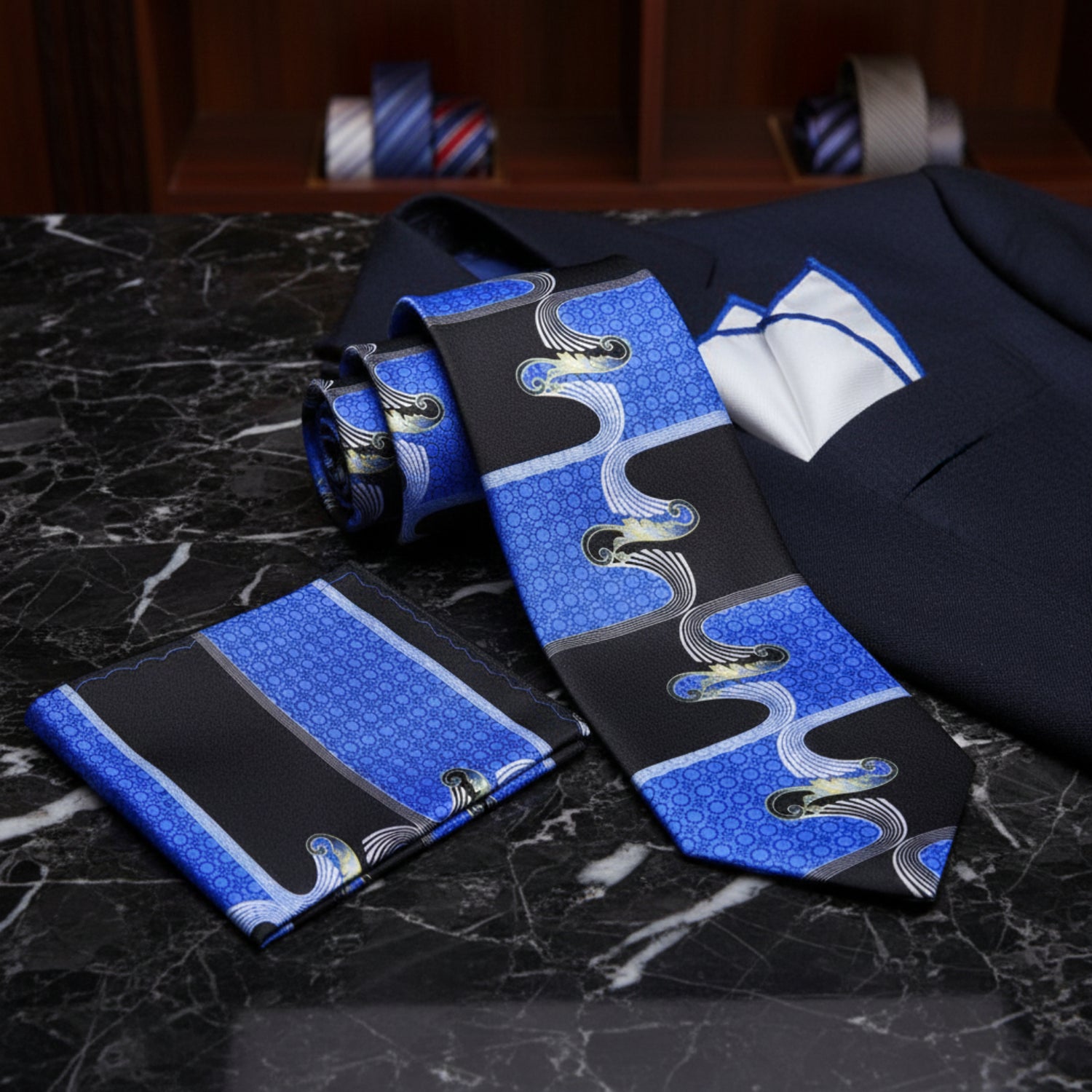 View 2: A Black, Blue, Yellow Gold Color Abstract Pattern Tie, Pocket Square