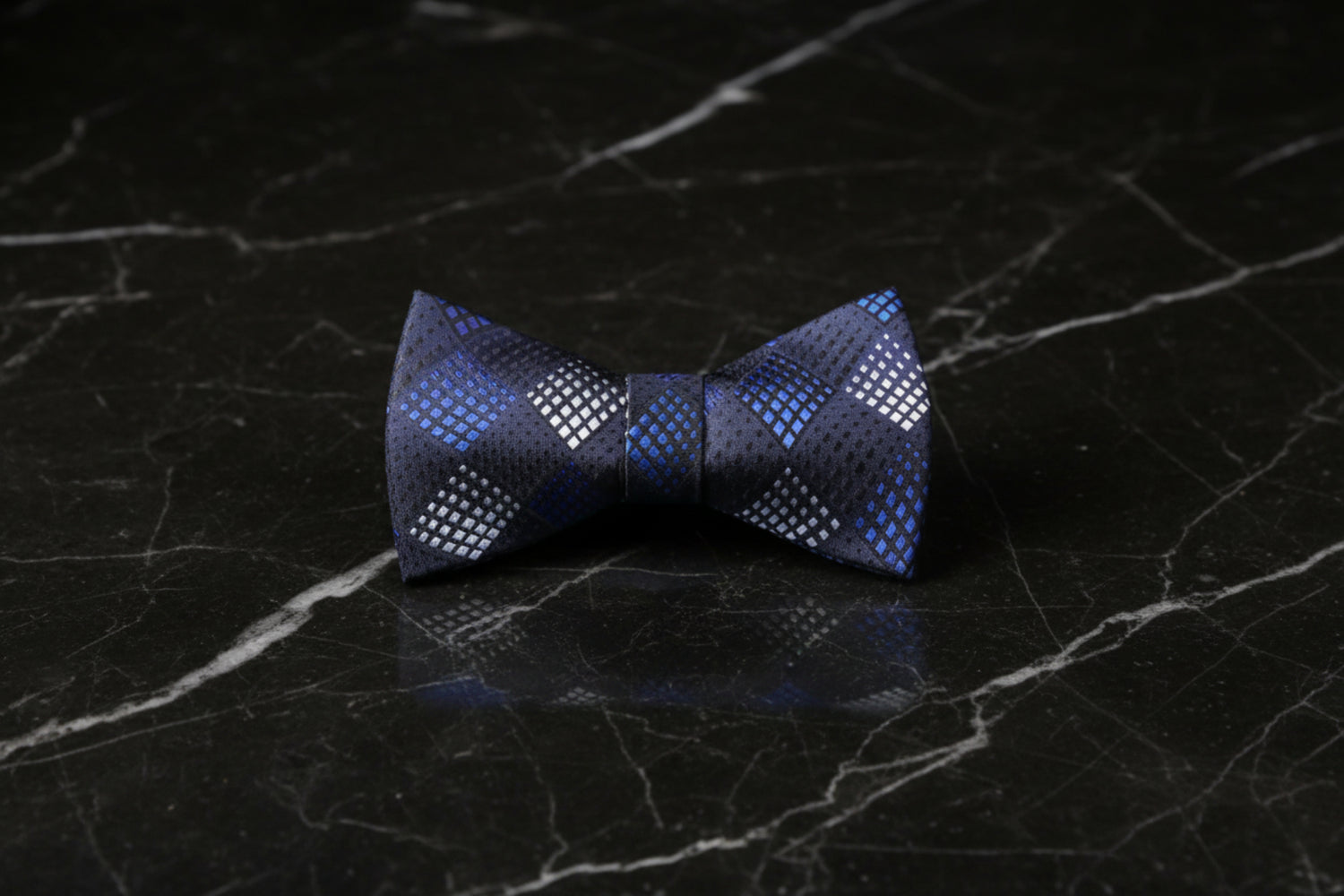 A Blue, White Geometric Diamond Pattern Self-Tie Bow Tie