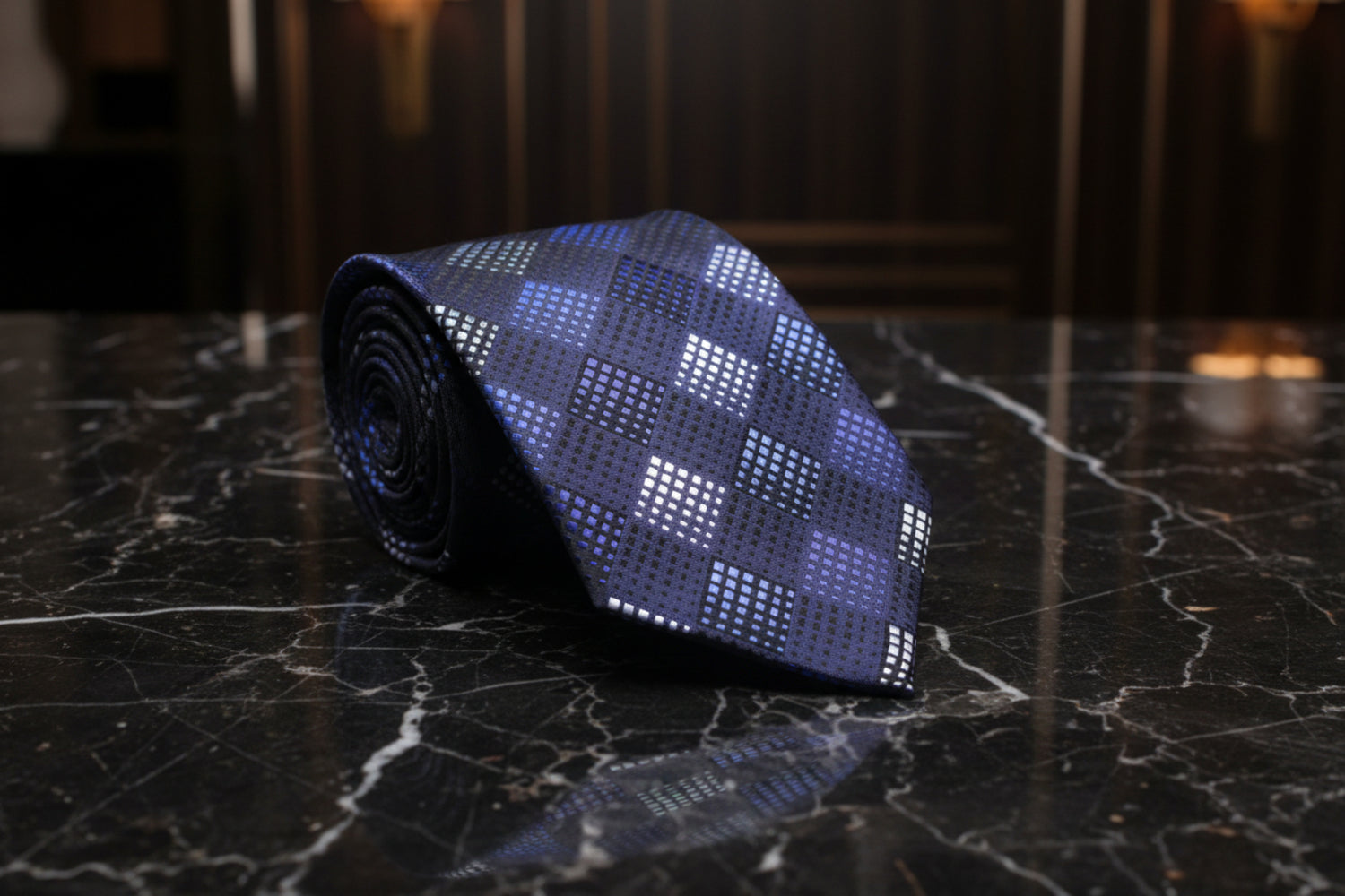 A Dark Blue, Blue, Grey Geometric Diamond Pattern Necktie 