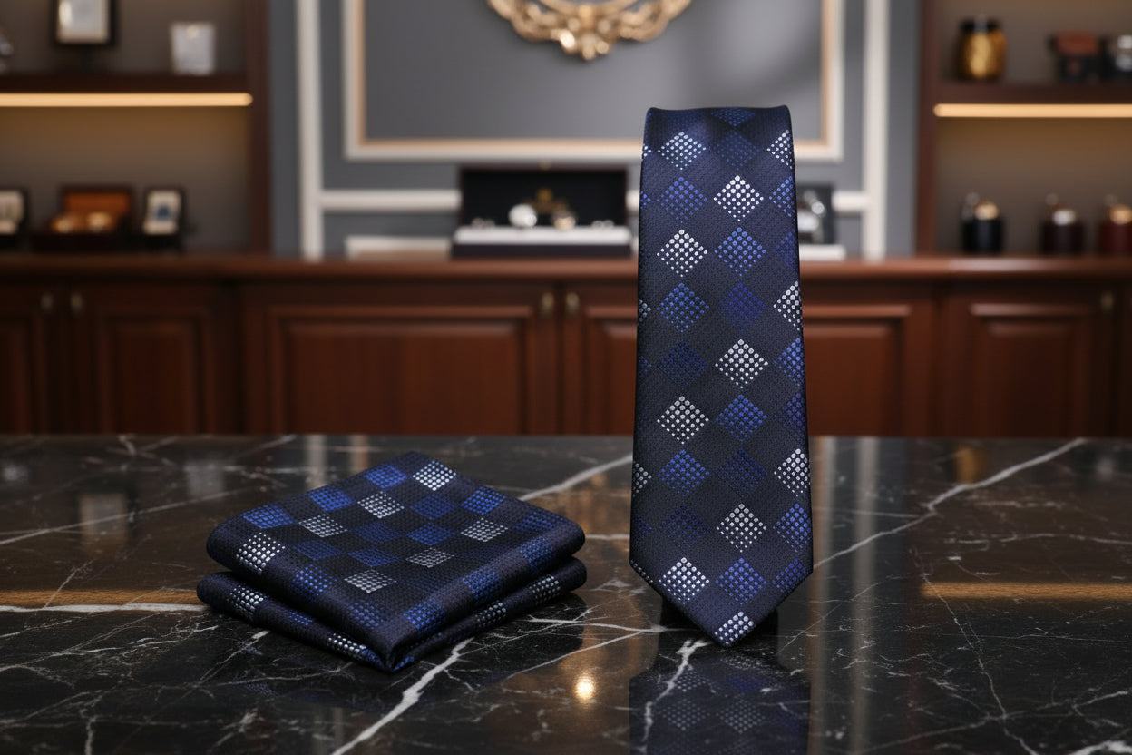 Alt View: A Dark Blue, Blue, Grey Geometric Diamond Pattern Necktie, Matching Pocket Square