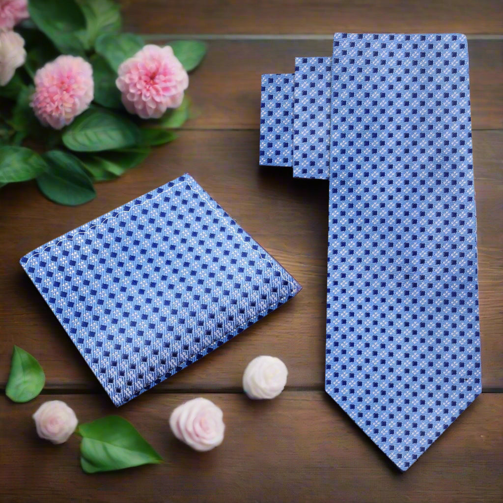 Alt View: A Light Blue, Blue Geometric Dots Pattern Silk Necktie, Matching Pocket Square