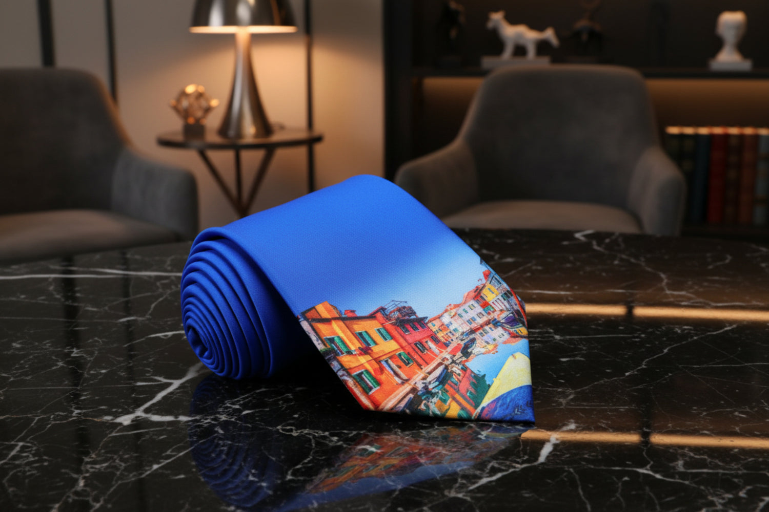 Single Tie: Blue with Multiple Colors Venice Gondolas Tie 