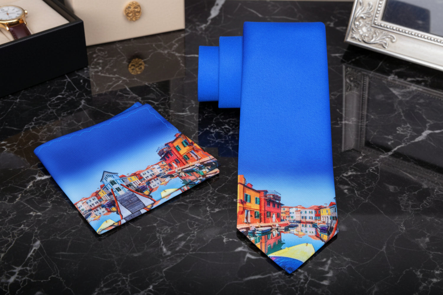 Alt View: Blue with Multiple Colors Venice Gondolas Tie and Pocket Square