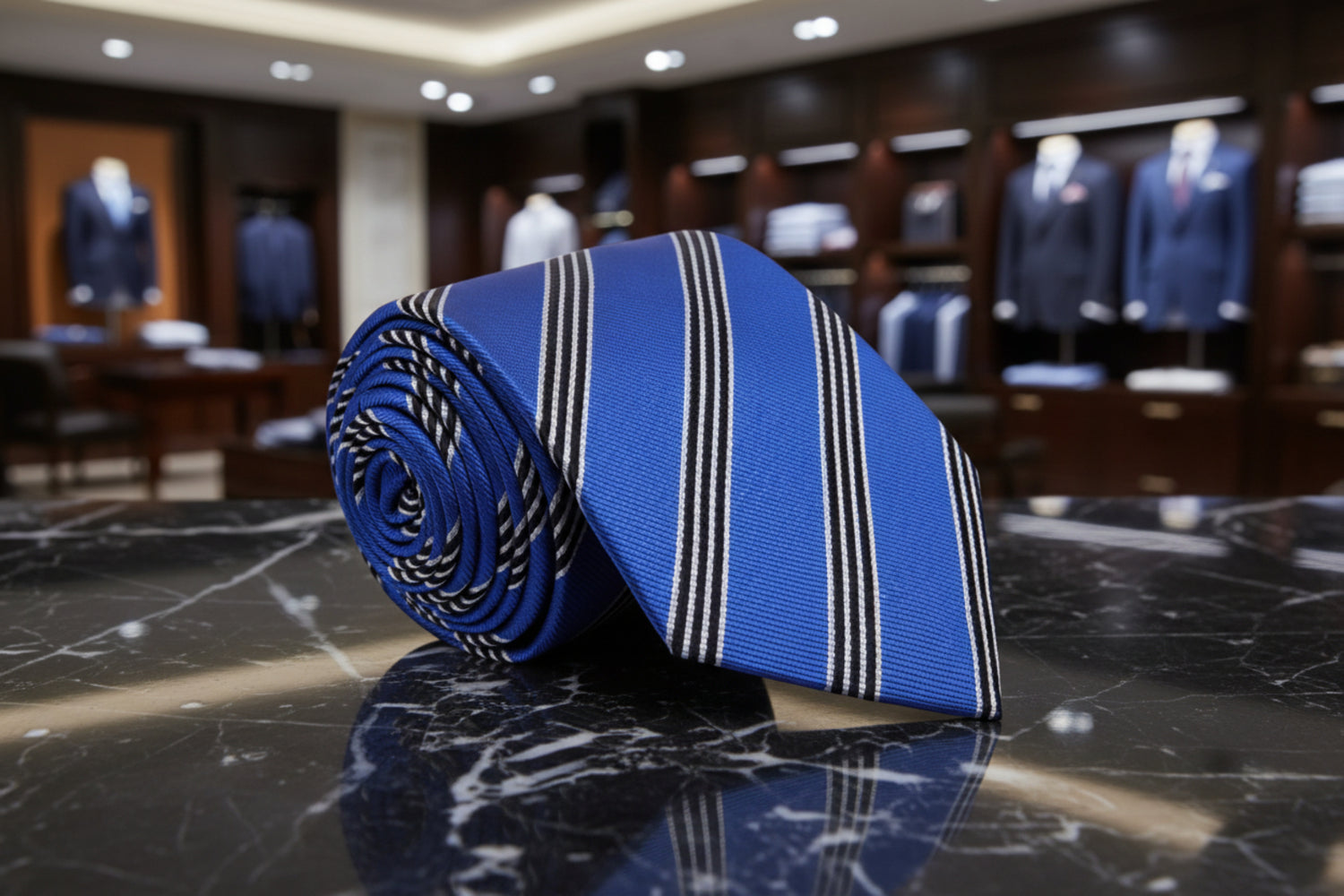 A Blue, White, Black Stripe Pattern Necktie 