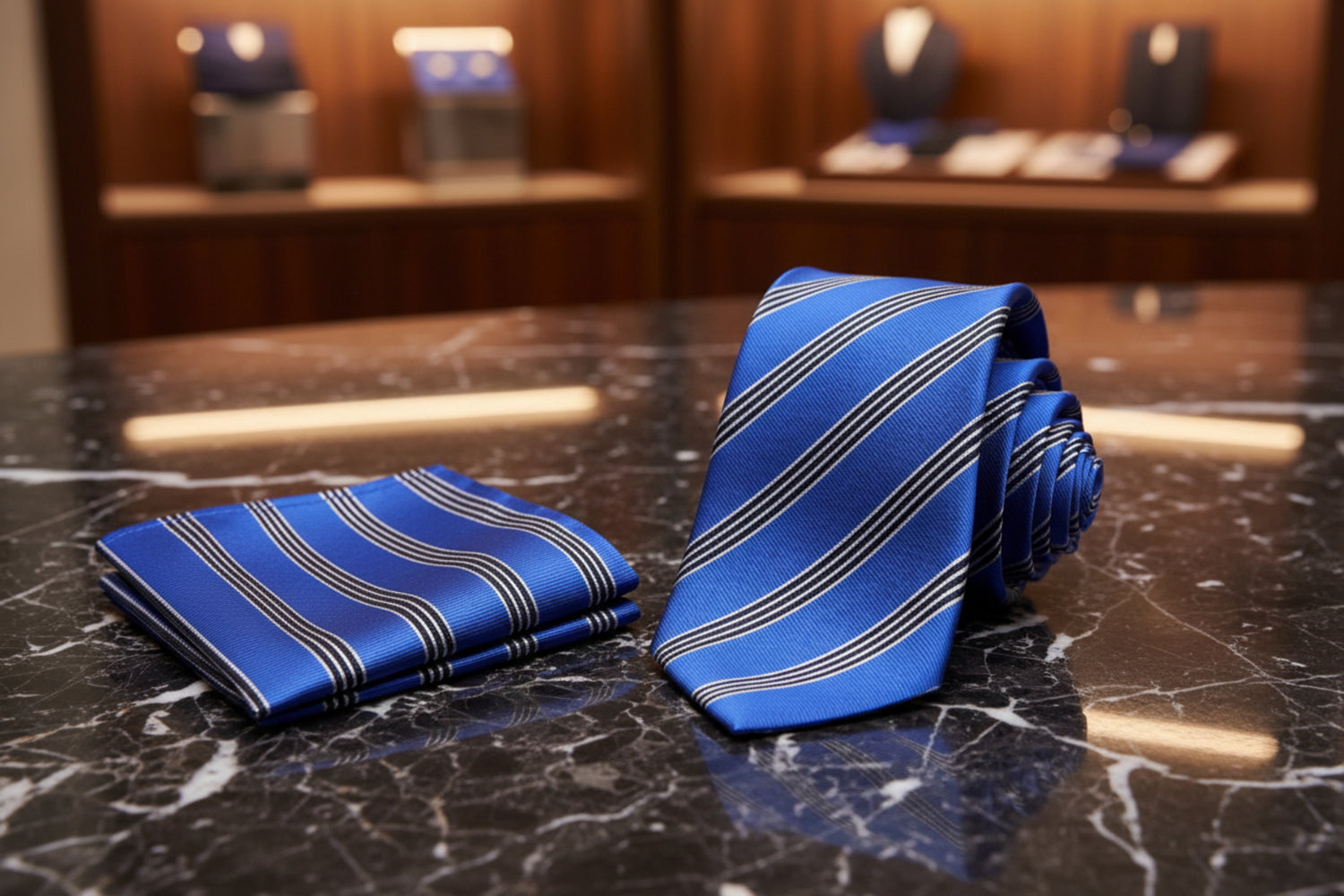 Alt View: A Blue, White, Black Stripe Pattern Necktie, Matching Pocket Square