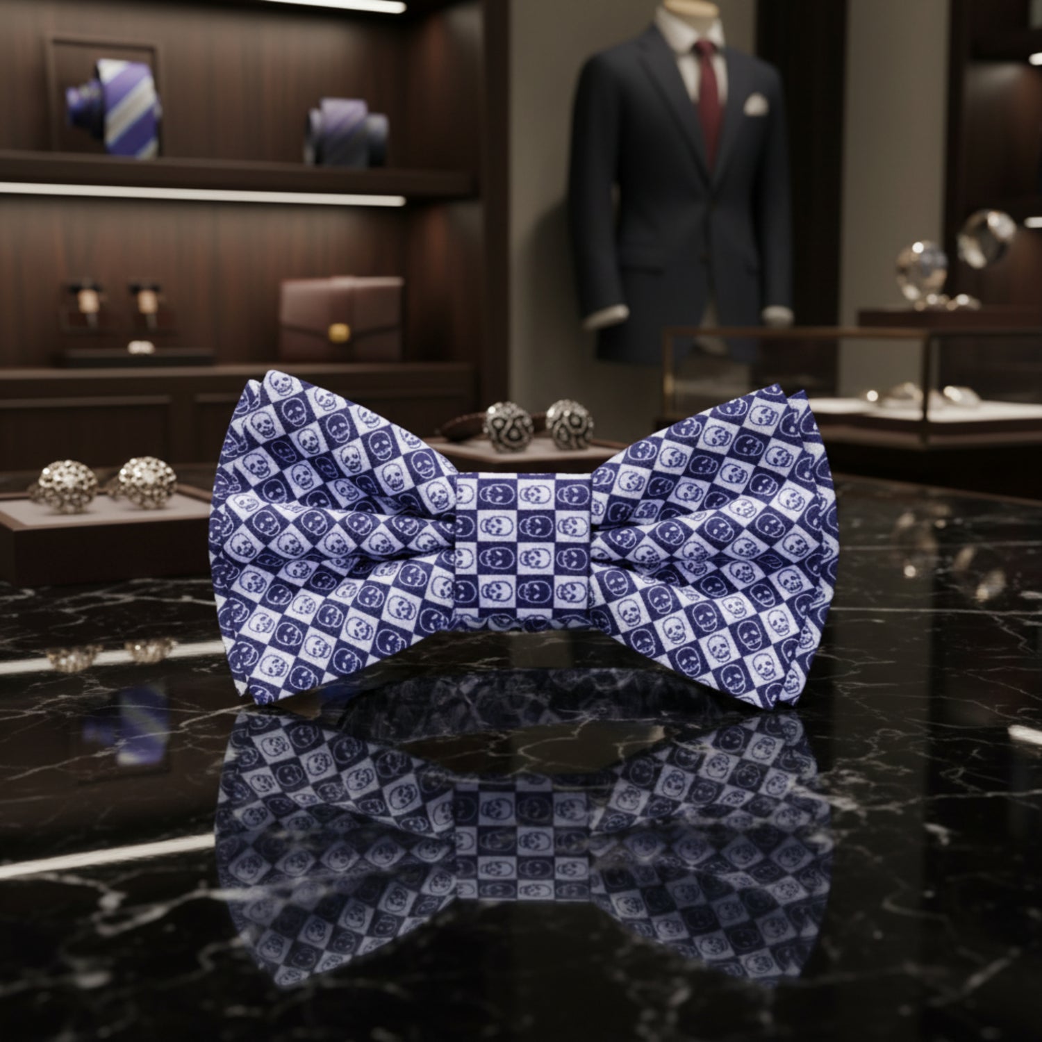 Blue, White Checkered Skull Bow Tie