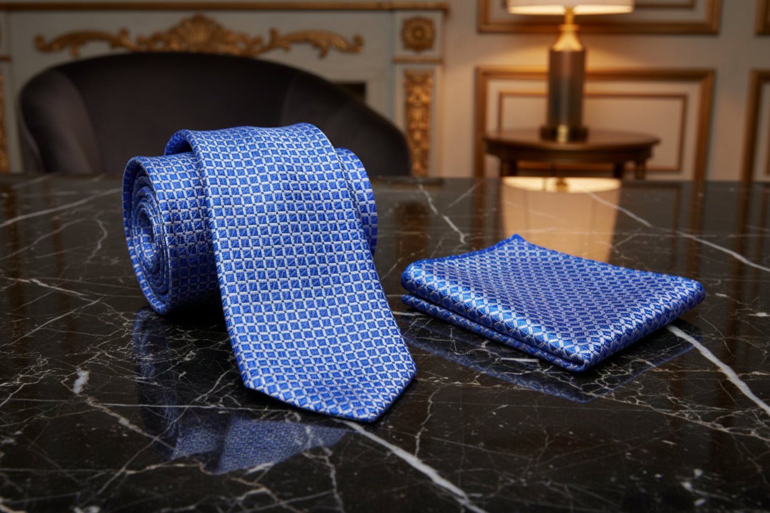 Alt View: A Blue, White Small Geometric Check Pattern Necktie, Matching Pocket Square