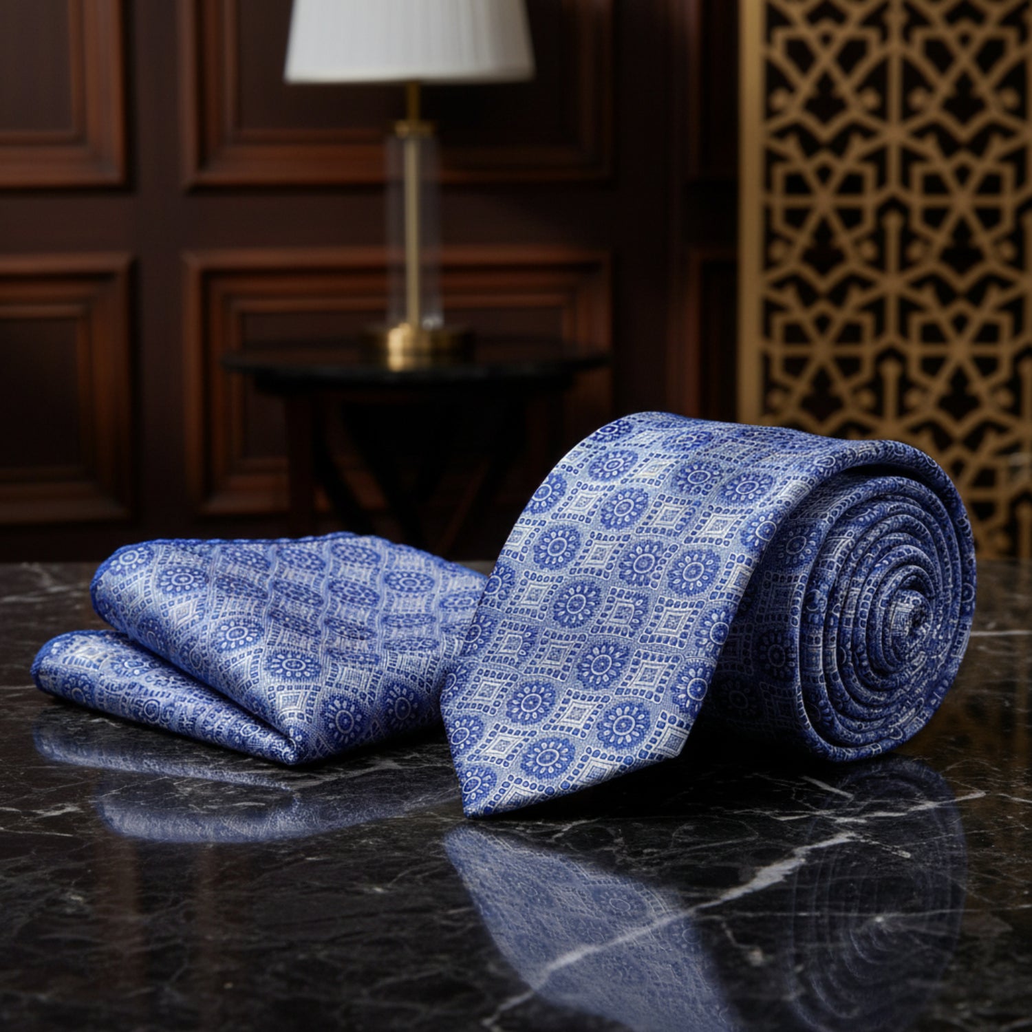 View 2 A Blue, Light Blue Abstract Sun and Shapes Necktie, Matching Pocket Square