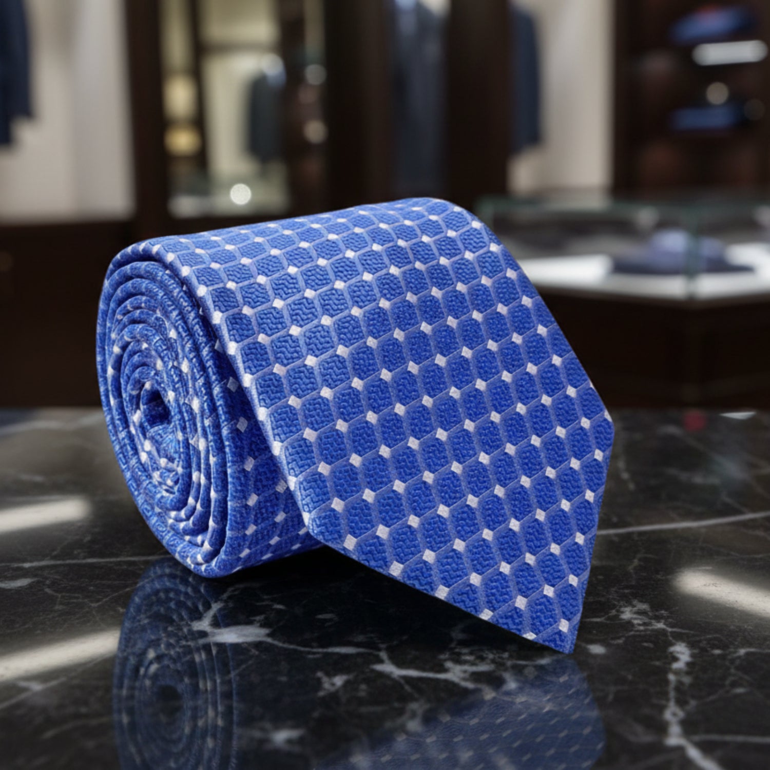 A Blue, White Geometric Pattern Pattern Necktie